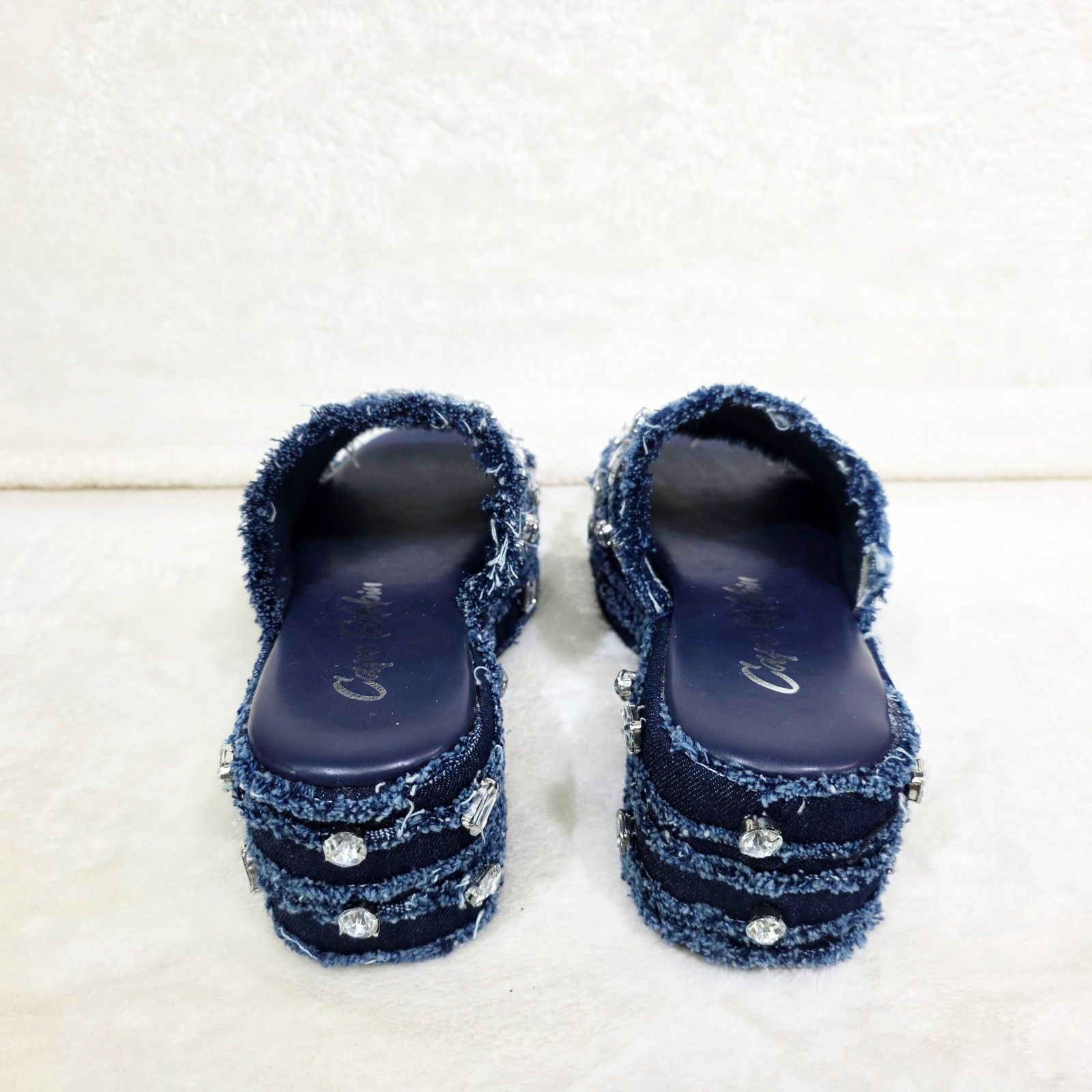 Other Hipster Denim Distressed Frayed Trim Rhinestone 2" Flatform Size US 9 / IT 39 - 4 Thumbnail