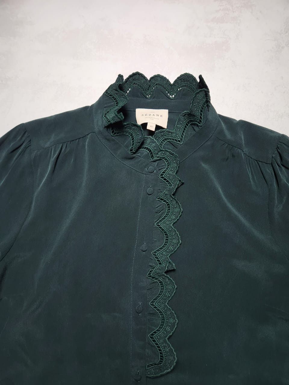 Sezane Sezane Silk Blouse Bottle Green Shirt Ruffle Trim Size M / US 6-8 / IT 42-44 - 4 Thumbnail