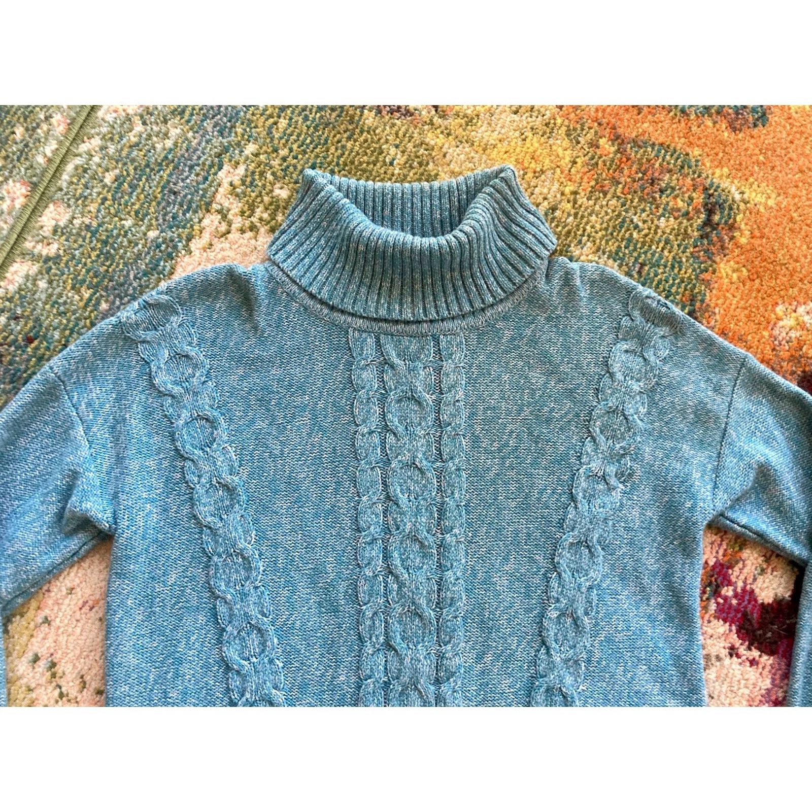 Vintage L.L. Bean Sweater Womens Large Turquoise Cotton Cable Knit Turtleneck Size L / US 10 / IT 46 - 4 Thumbnail
