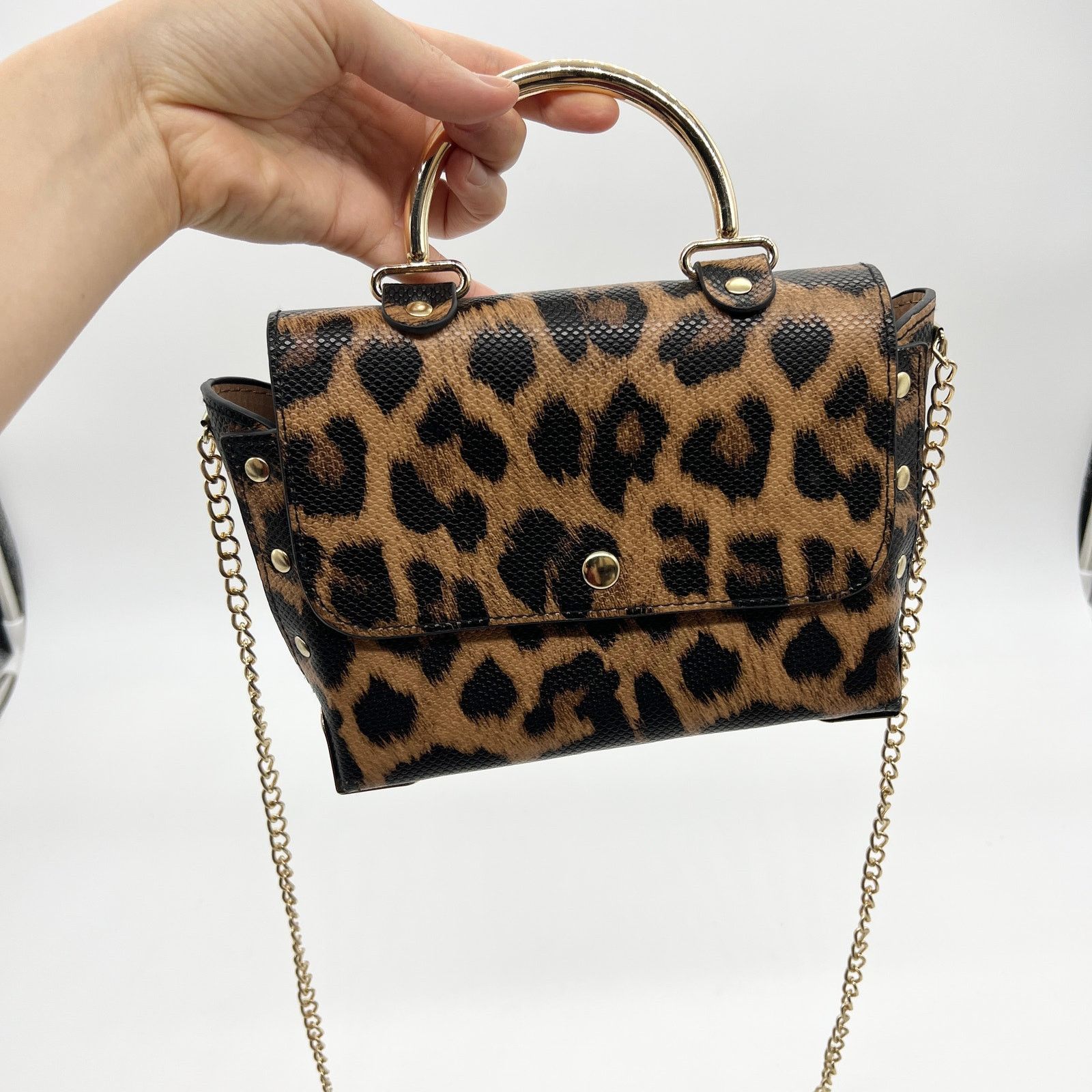 Womens Crossbody Bag Brown Leopard Chain Strap Small Purse