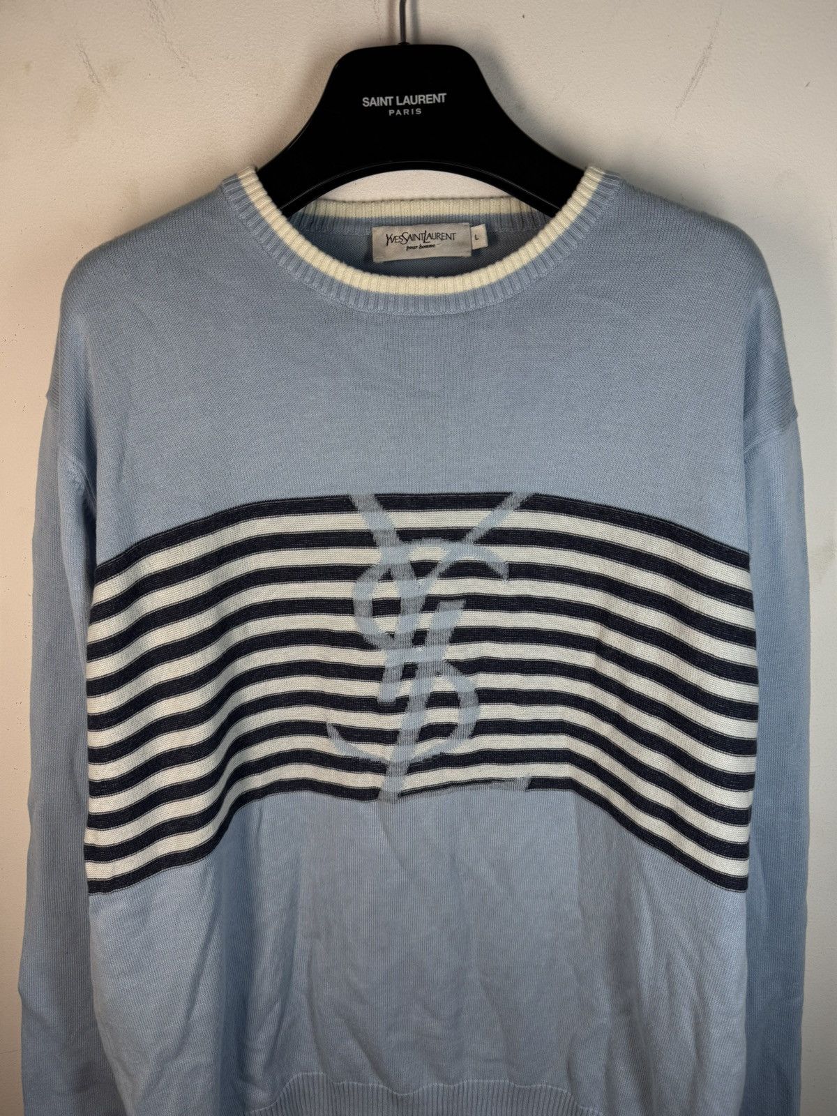 Yves Saint Laurent Blue YSL Sweater Knit Light Big Logo Size US L / EU 52-54 / 3 - 9 Thumbnail