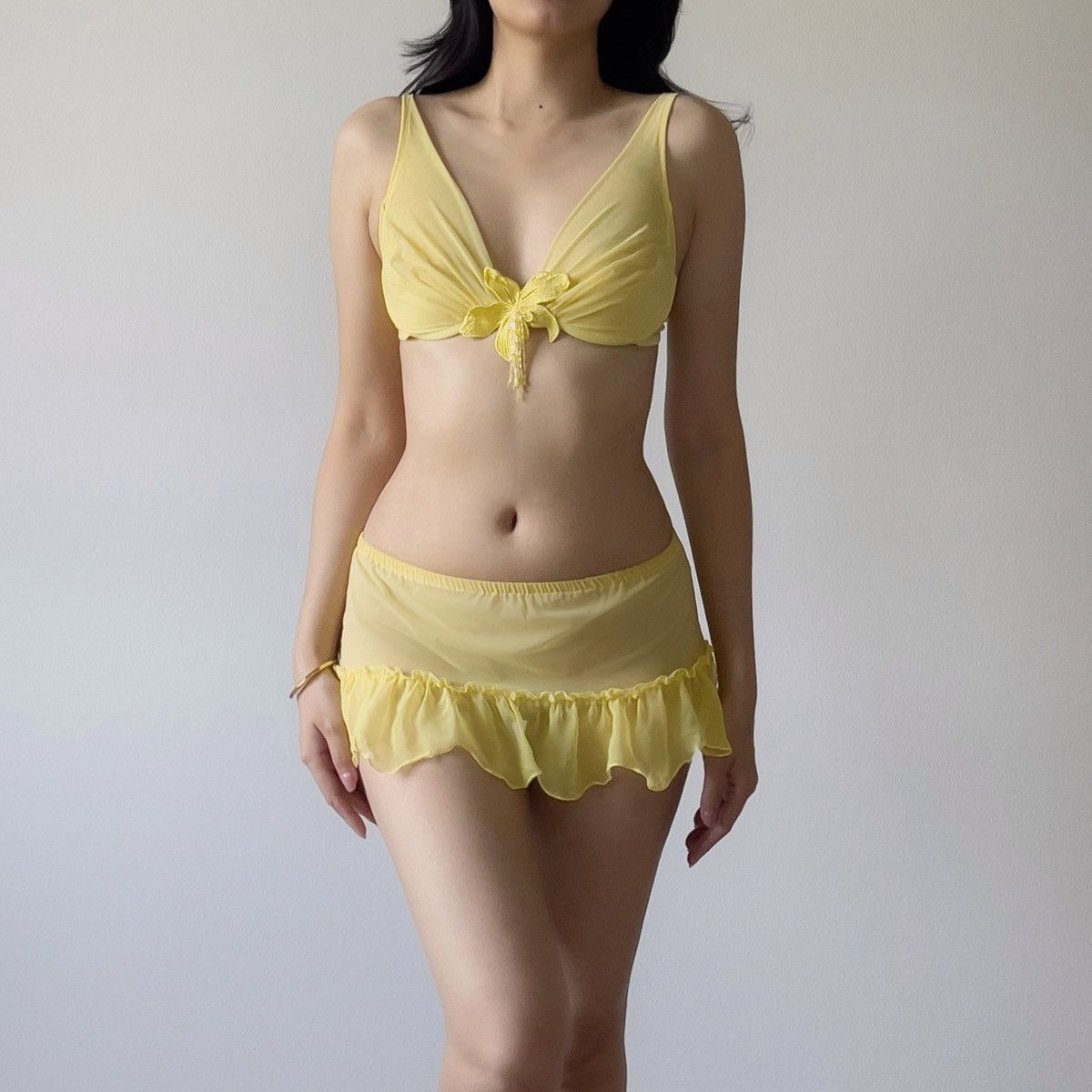 Victoria's Secret Romantic Yellow Mesh Bra & Mini Skirt Sheer Set(36B-C/34C-D) Size ONE SIZE - 2 Thumbnail