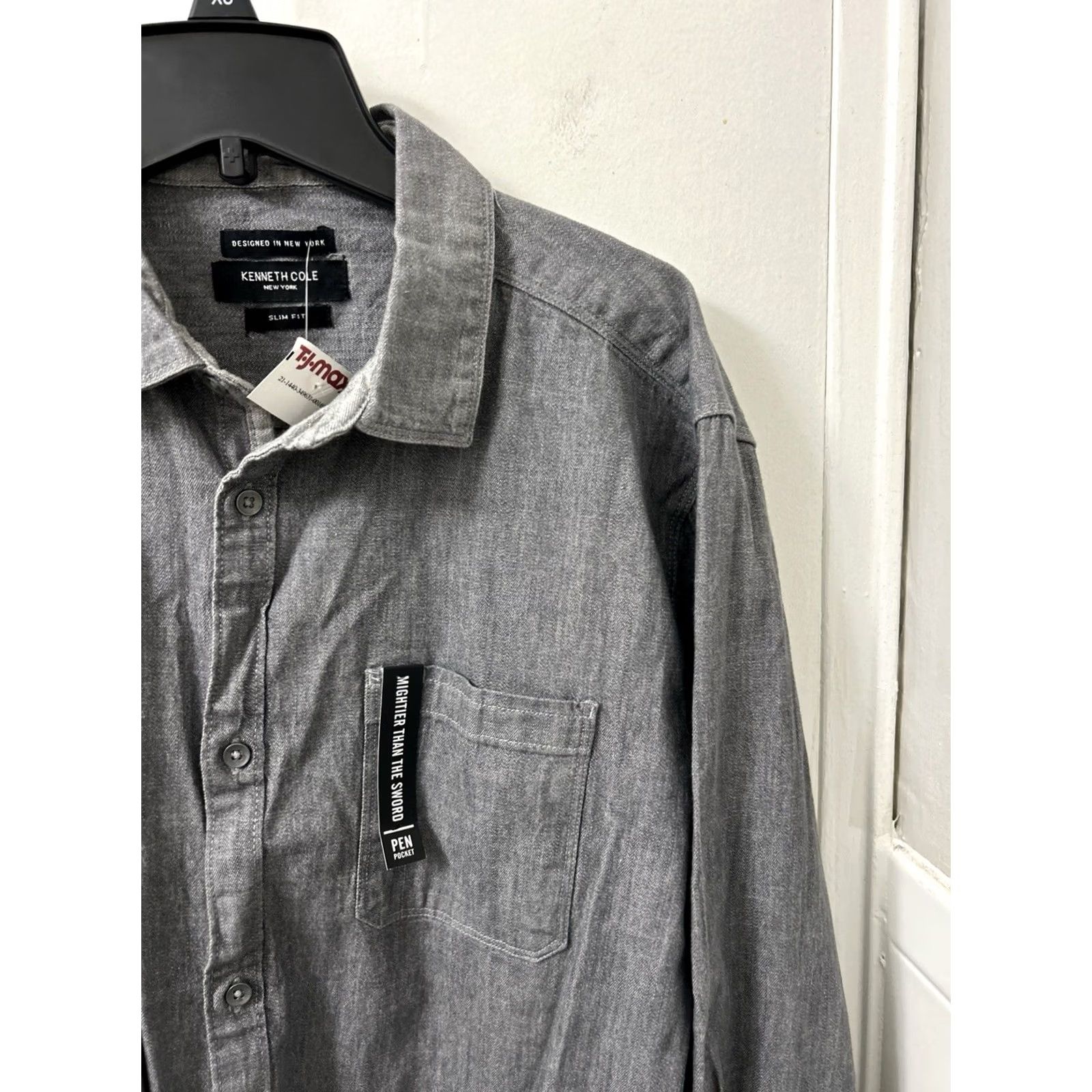 Kenneth Cole Kenneth Cole Shirt Mens L Gray Oxford Slim Fit Stretch Button Down L/S Cotton Spandex Chambray Dress Shirt Size US L / EU 52-54 / 3 - 4 Thumbnail