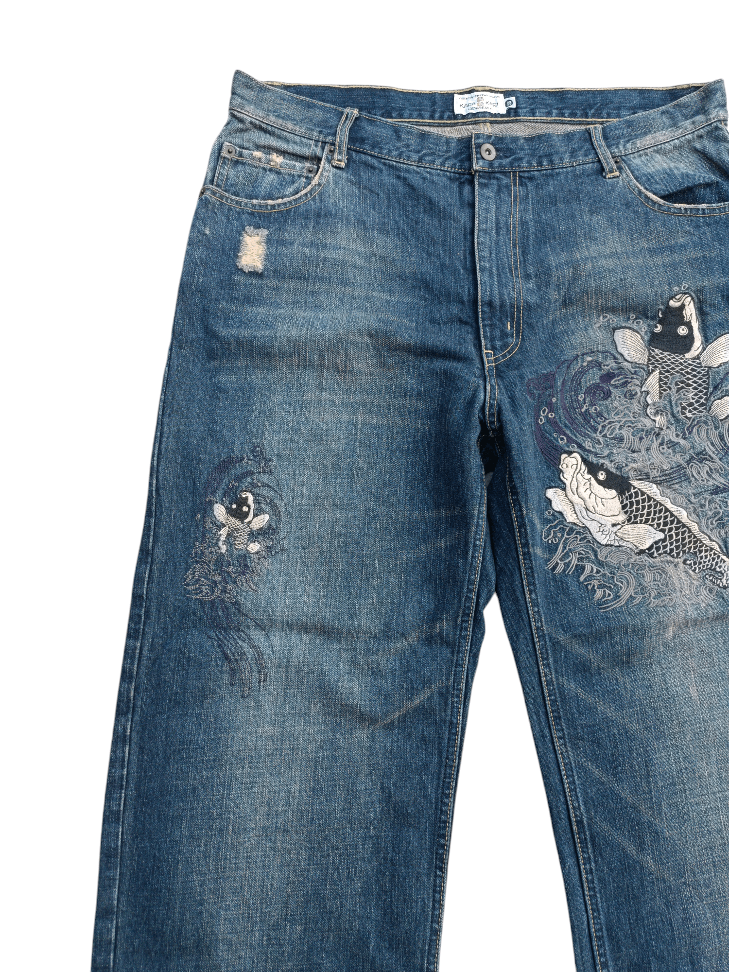 Japanese Brand 🔥DOPE🔥Karakuri Distressed Koi Fish Embroidery Jeans Size US 36 / EU 52 - 11 Thumbnail