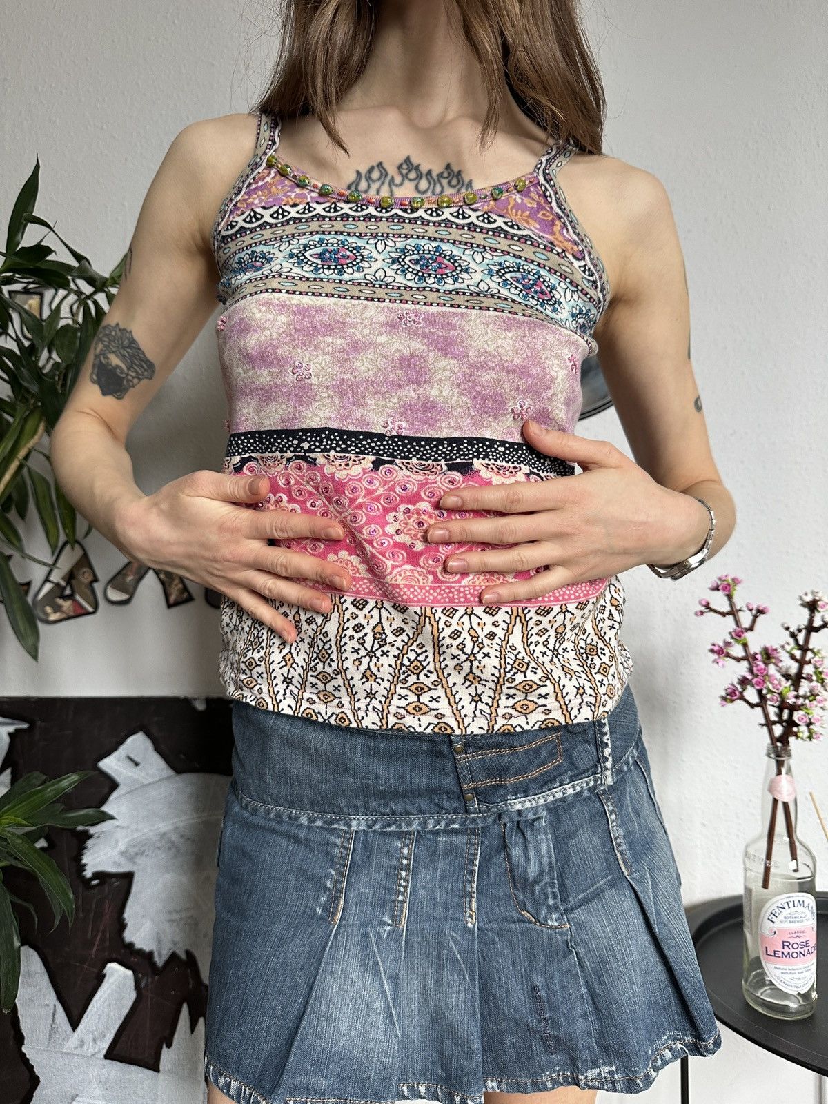 Vintage Beaded Paisley Cute Hippie Tank Top 00s Size M / US 6-8 / IT 42-44 - 6 Thumbnail