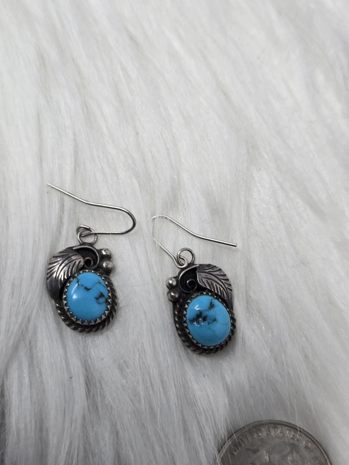 Sterling Silver Sterling Turquoise Dangle Earrings Leaf AMB Signed Size ONE SIZE - 2 Thumbnail