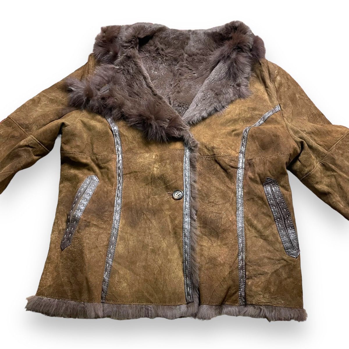 If Six Was Nine VINTAGE SPANISH RABBIT SHEEP LEATHER BLUE FOX FUR JACKET Size M / US 6-8 / IT 42-44 - 10 Thumbnail