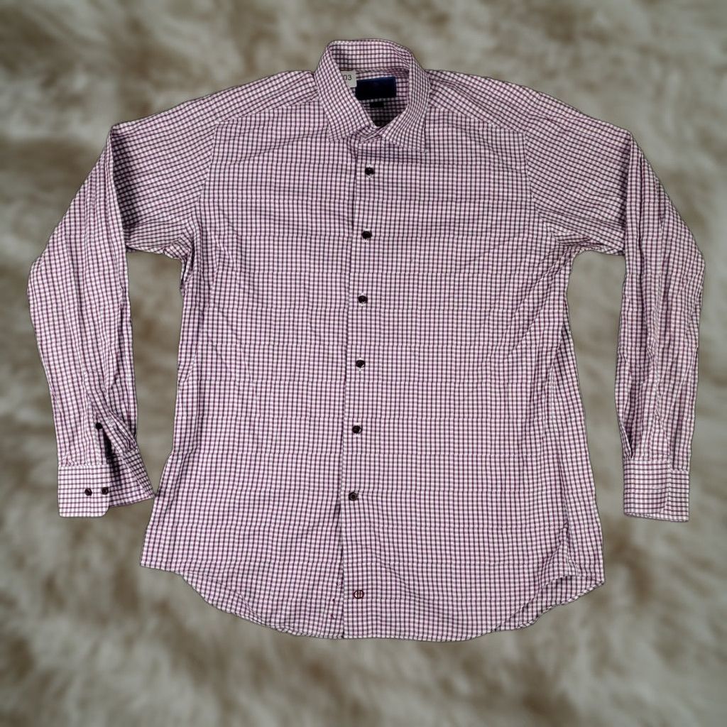 David Donahue David Donahue Dress Shirt Mens 17 Slim Fit Long Sleeve Purple Check Business Classic Size 46R - 1 Thumbnail