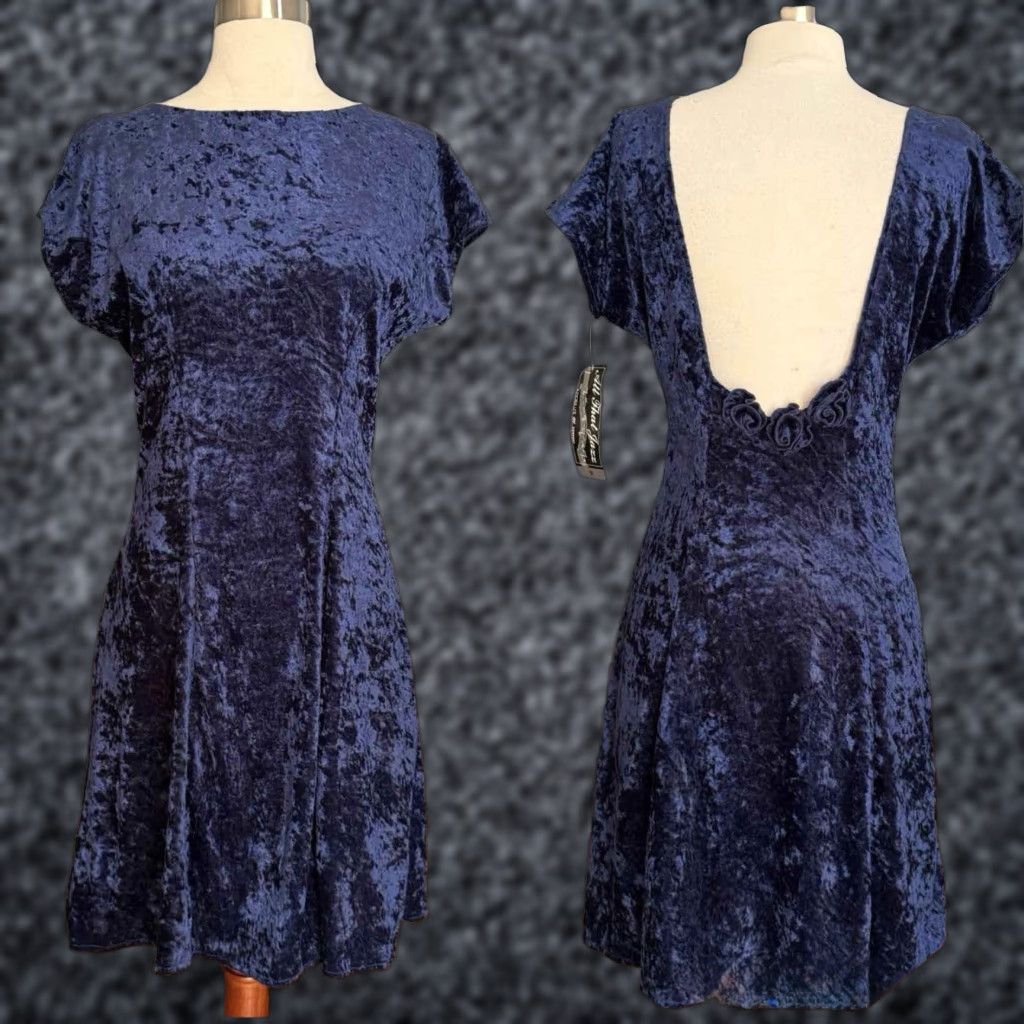 Vintage VINTAGE All That Jazz Dress Whimsygoth 90s Blue Crushed Velvet Mini Fit & Flare Short Sleeve Size M / US 6-8 / IT 42-44 - 1 Thumbnail