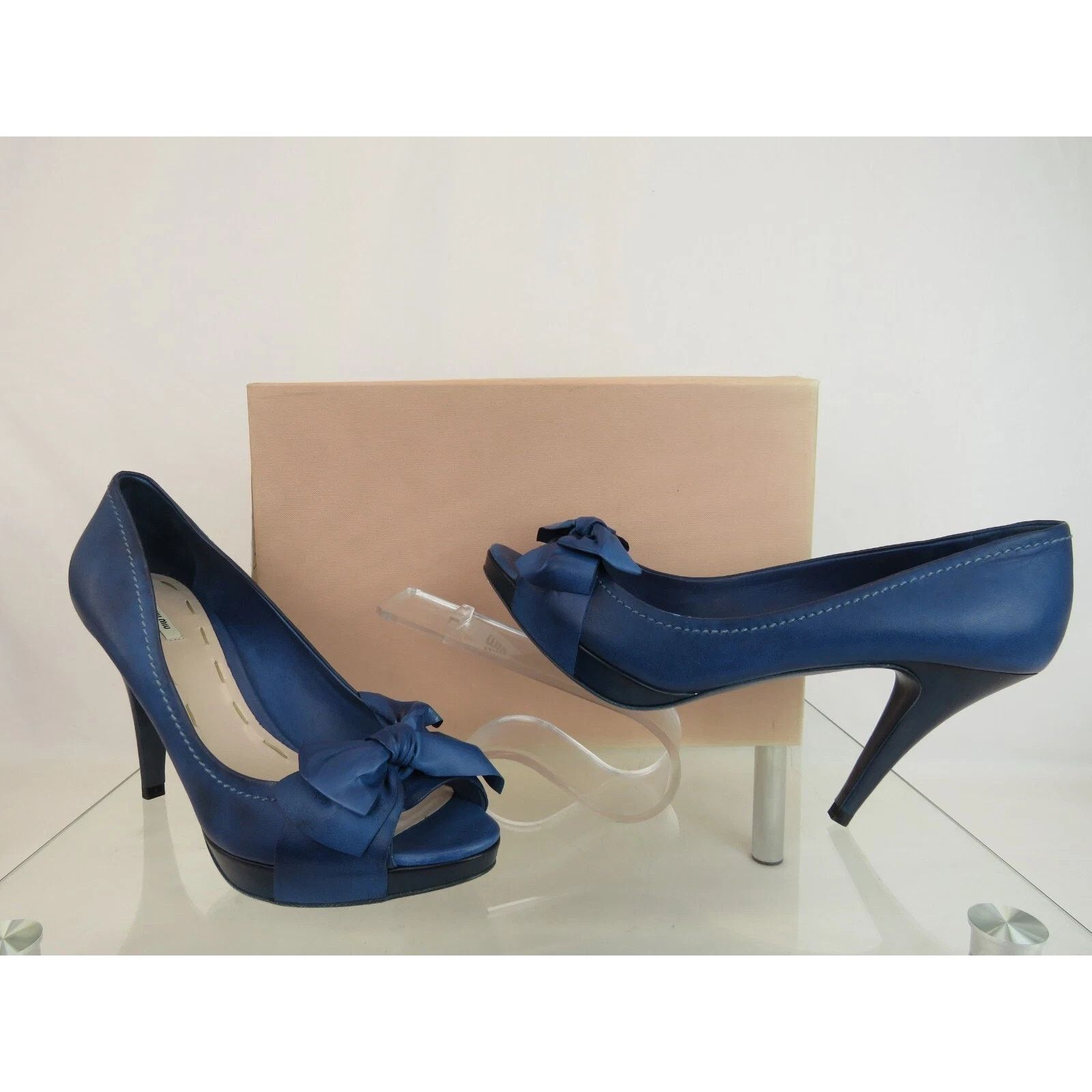 Miu Miu MIU MIU PRADA BLUE WASHED LEATHER BOW 5KP0 PLATFORM PUMPS 40 Size US 10 / IT 40 - 2 Thumbnail