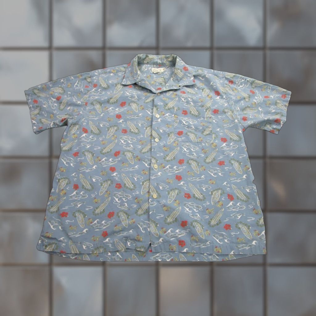 J.Crew VINTAGE J.CREW Shirt Mens Medium Blue Hawaiian Surfboard Fish Floral Print Button Up Size US M / EU 48-50 / 2 - 1 Thumbnail