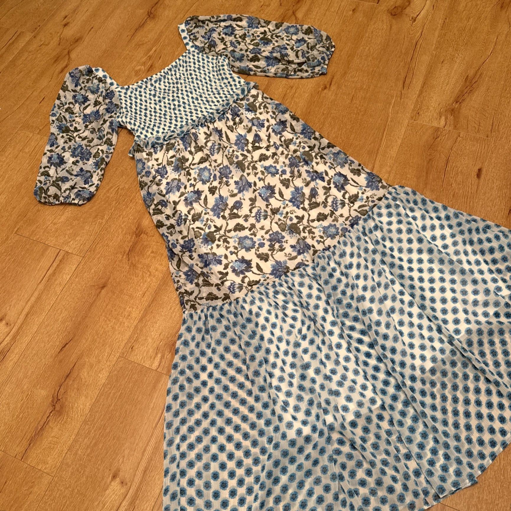 Vintage Taylor Maxi Dress Women Smith Taylor Sz 10 Chiffon blue floral Smocked Ruffle Sheer Tie Back Long Size L / US 10 / IT 46 - 2 Thumbnail