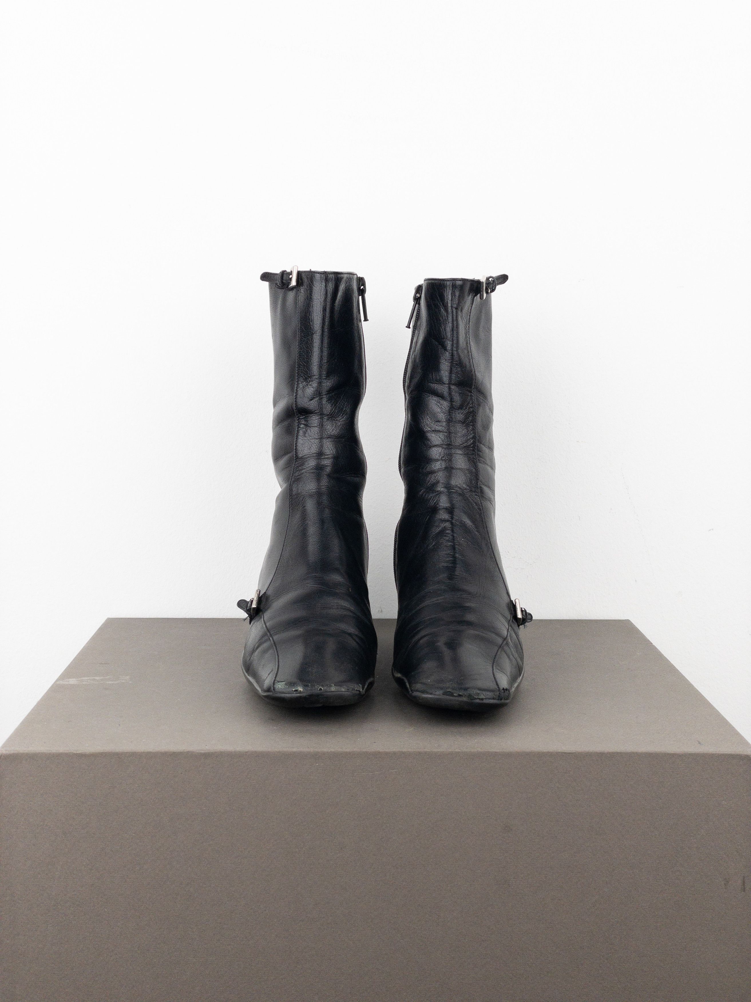 Prada 2000s Square Toe Sports Buckle Kitten Heel Ankle Boots