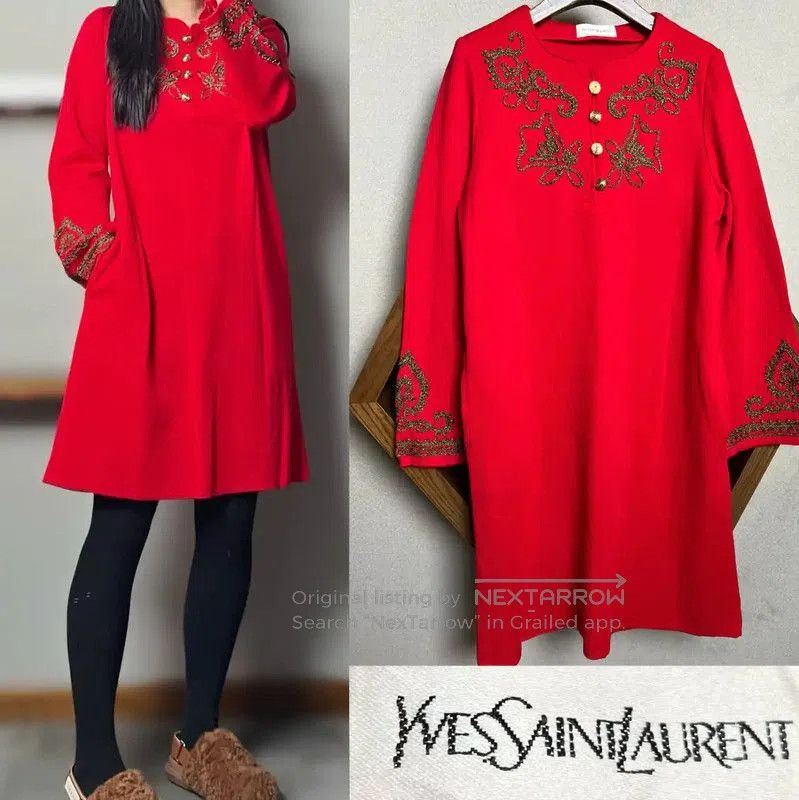 Yves Saint Laurent YSL Red Wool Dress with Embellishments . Size XXS / US 00 / IT 34 - 1 Thumbnail