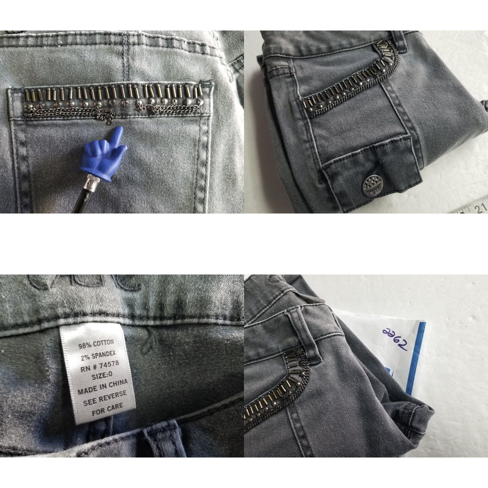 Vintage Caché Gray Denim Pants Size 0 Straight Leg Zip Details Women Cotton Polyester Spandex Mid Rise 23.5” Inseam Belt Loops Pockets Size 25" / US 0 / IT 36 - 8 Thumbnail
