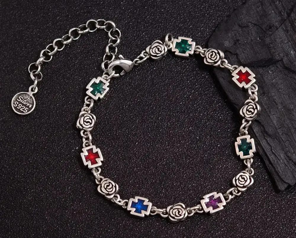 Jewelry Sweet Rose Flower Cross Shiny Colorful Crystal Bracelet Size ONE SIZE - 3 Thumbnail