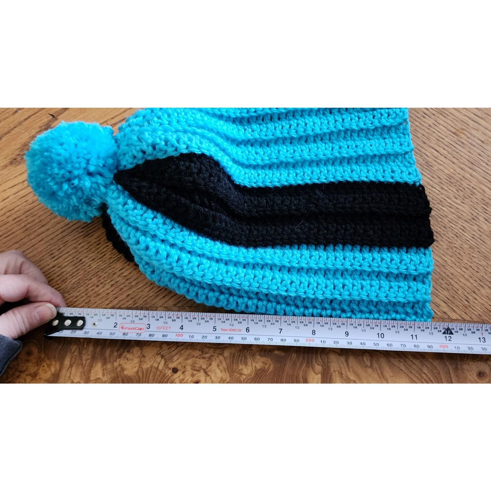 Handmade Handcrafted crocheted blue and black winter beanie. Size ONE SIZE - 3 Thumbnail