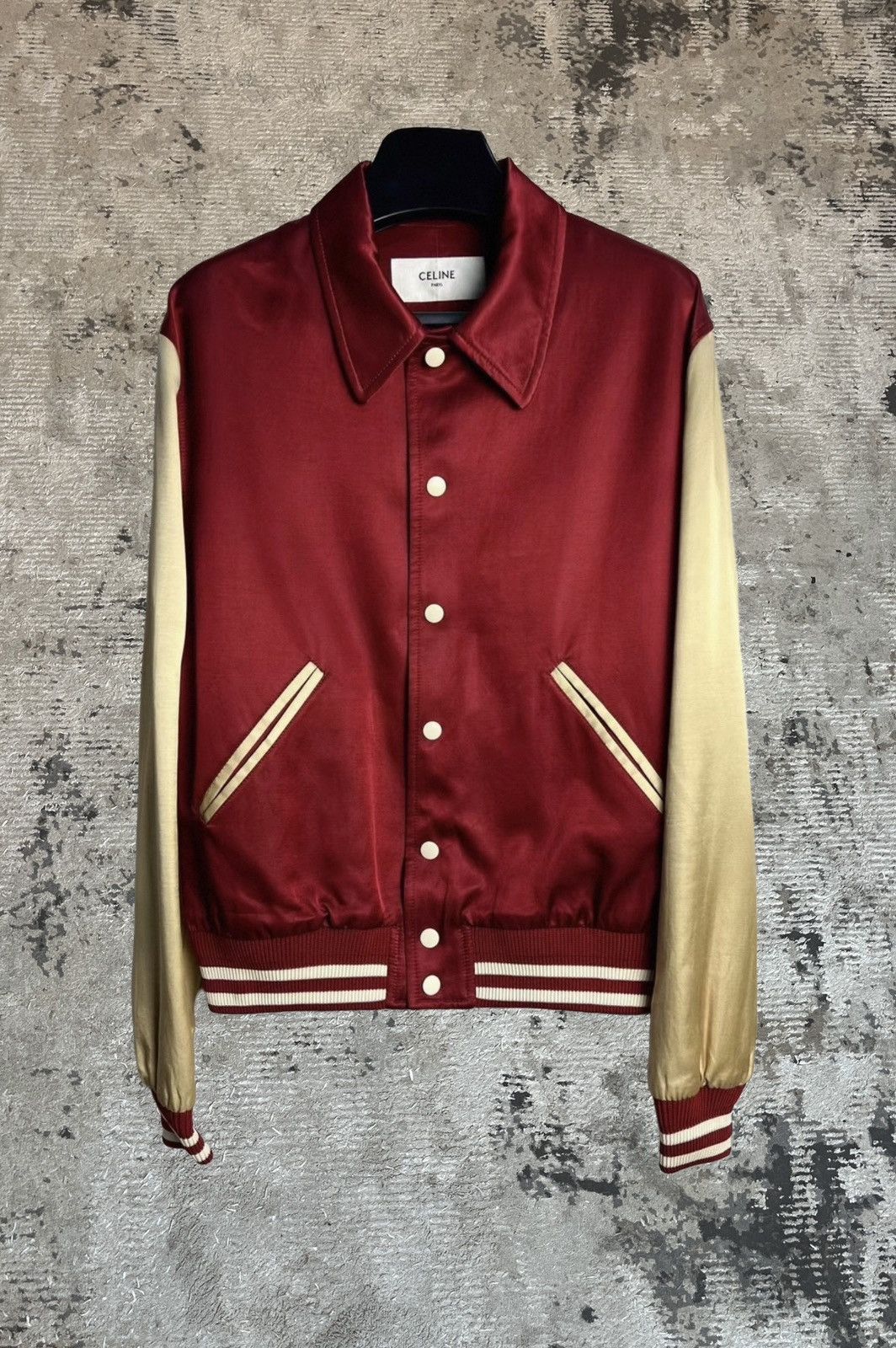 Celine Celine Burgundy Satin Varsity Bomber Jacket Size US M / EU 48-50 / 2 - 1 Thumbnail