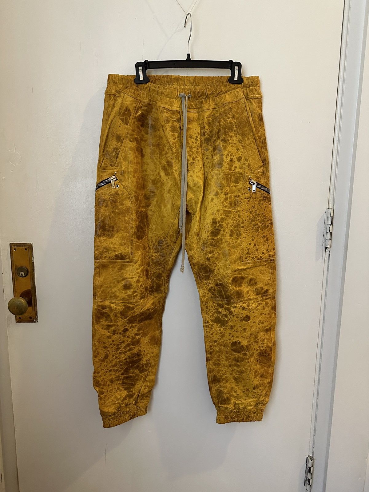 image of Rick Owens Performa Acid Yellow Leather Pants, Men's (Size 36)