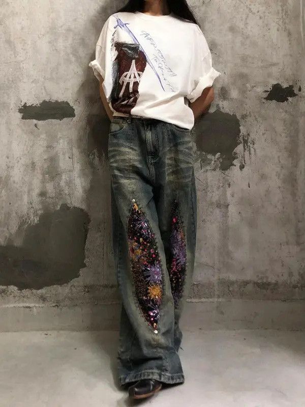 Jean Miyahara x Mako Baggy Patchwork Embellished Wide Leg Jeans Size US 32 / EU 48 - 6 Thumbnail