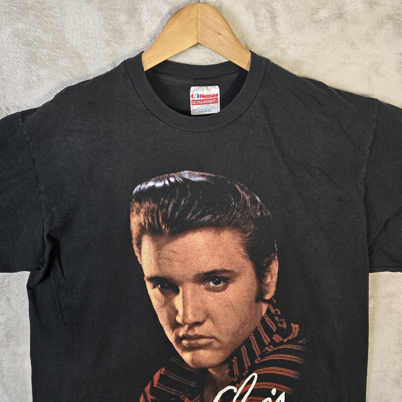 Hanes Vintage 1990 Elvis Presley Black Large Print Men's L T-Shirt Size US L / EU 52-54 / 3 - 4 Thumbnail
