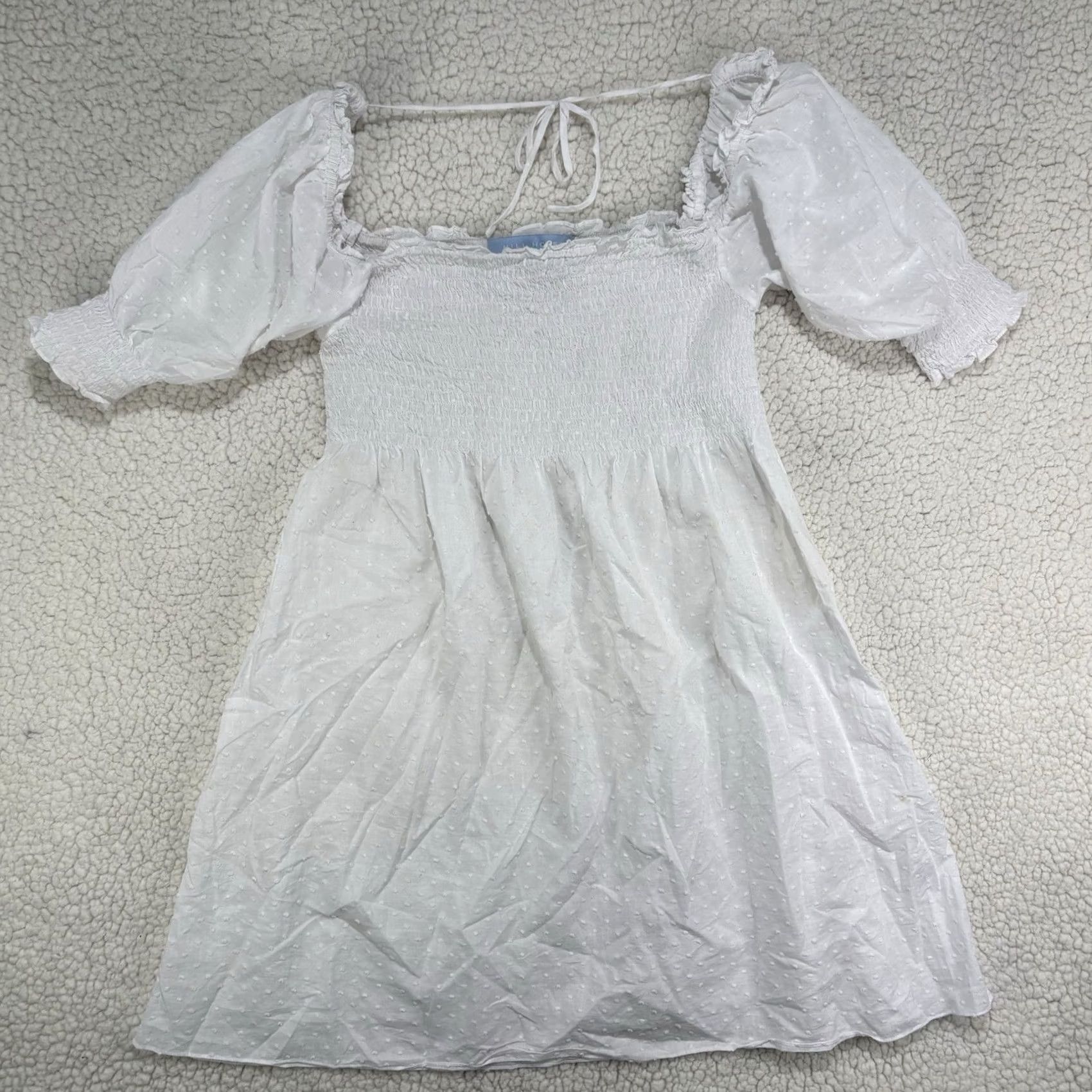 Vintage Hill House Mini Dress White Swiss Dot Puff Short Sleeve Small SMocked Puff Short Sleeve Crew? Size 28" / US 6 / IT 42 - 2 Thumbnail