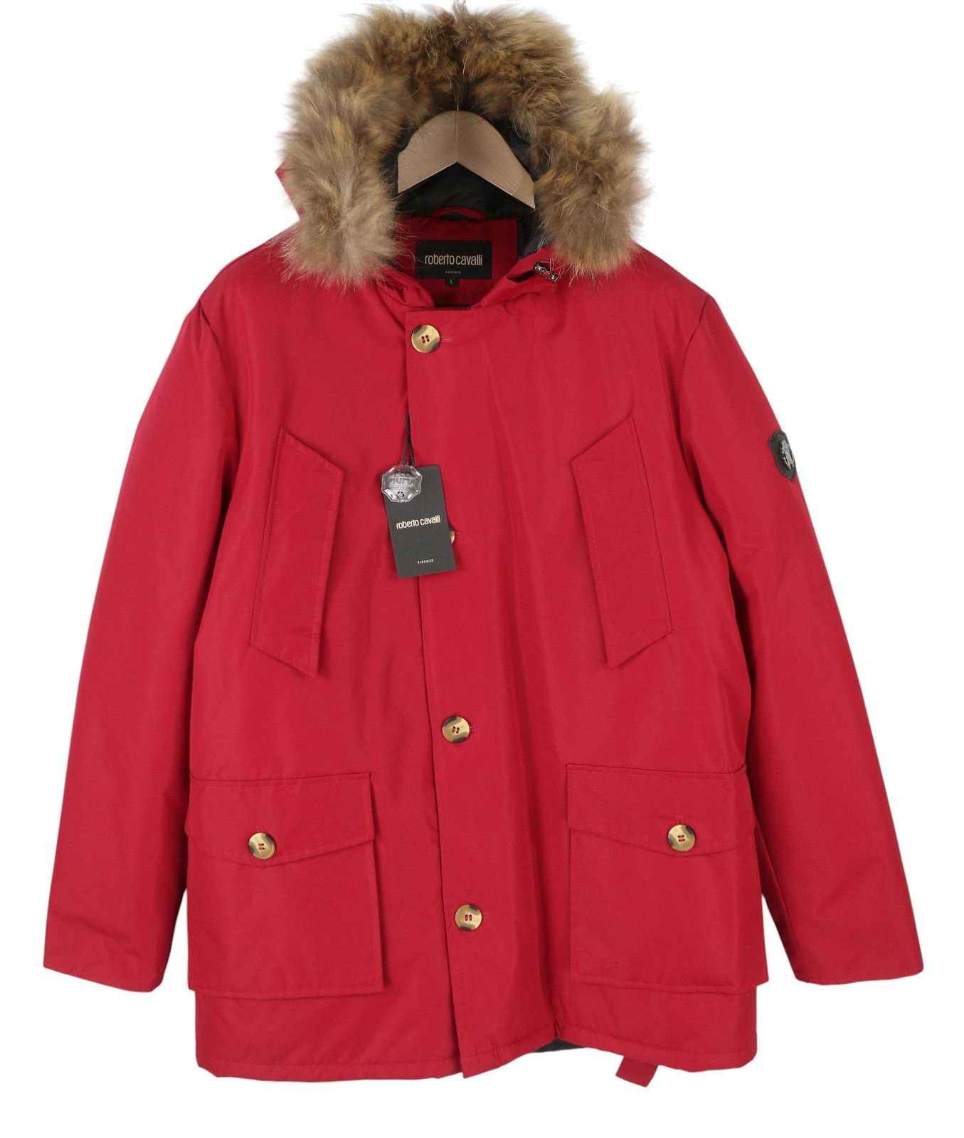 Roberto Cavalli L Red Hooded Padded Fur Parka 86883 Size US L / EU 52-54 / 3 - 1 Thumbnail