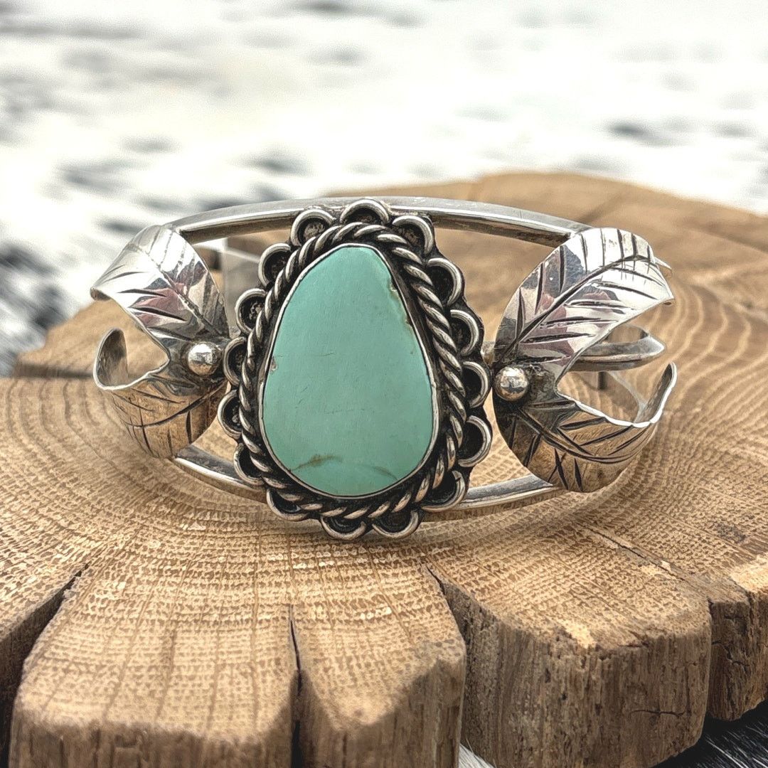 Native 1980s NAVAJO Sterling Turquoise Cuff Bracelet Double Leaves Size ONE SIZE - 1 Thumbnail