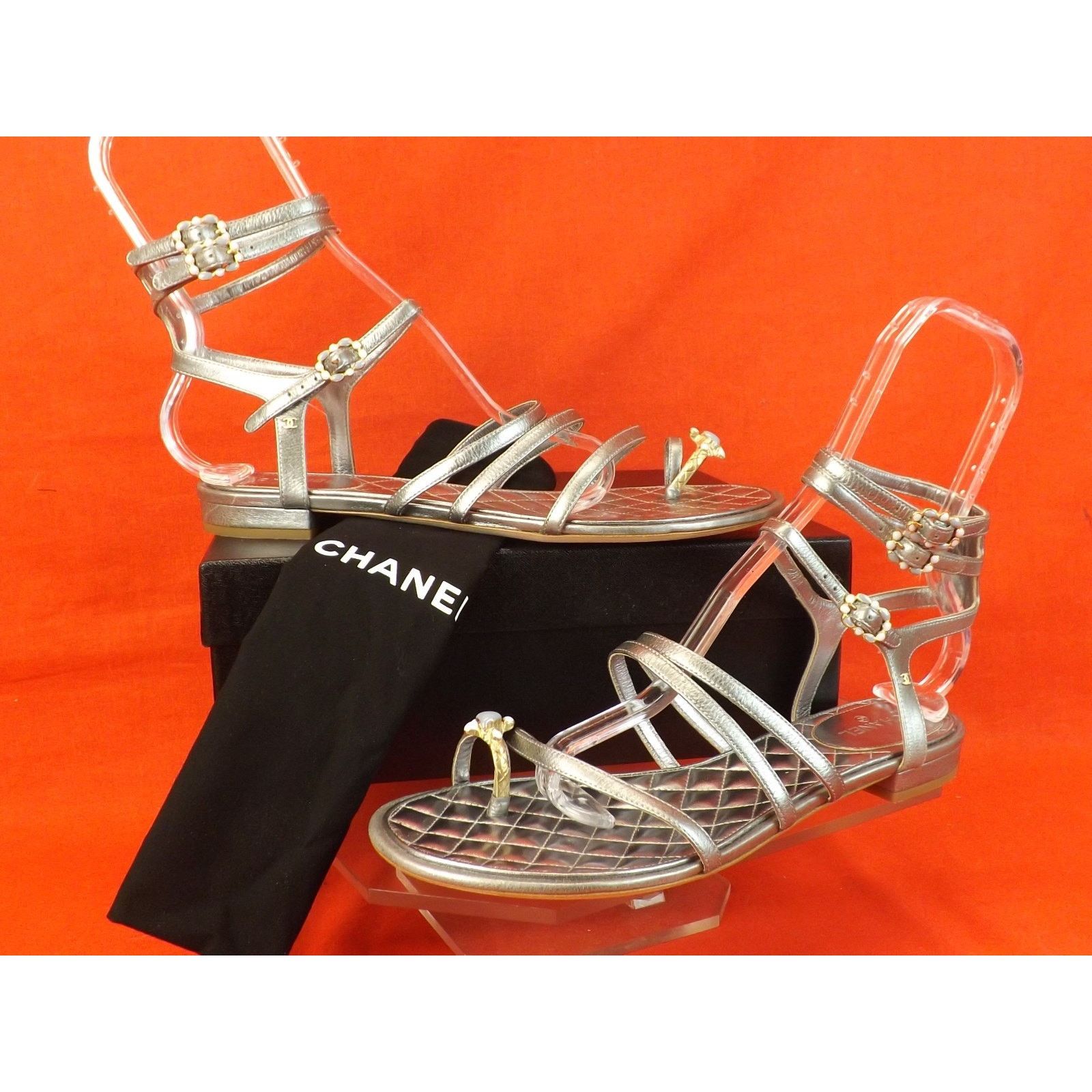 Chanel CHANEL SILVER LEATHER JEWELS RING CC LOGO FLATS SANDALS 42 Size US 12 / IT 42 - 6 Thumbnail