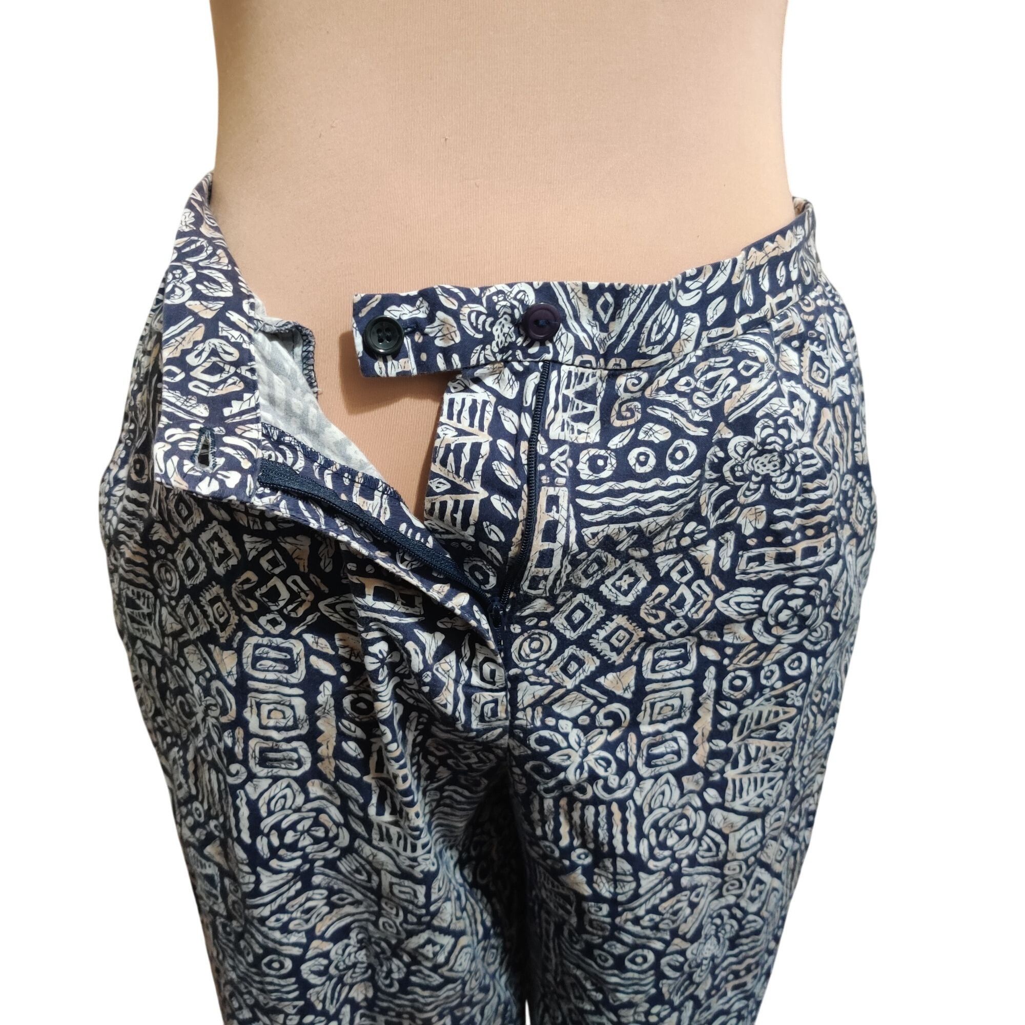 Other Appleseeds 14 Navy Tan Tribal Print Cotton Pants Tiki Oasis Size 36" / US 14 / IT 50 - 8 Thumbnail