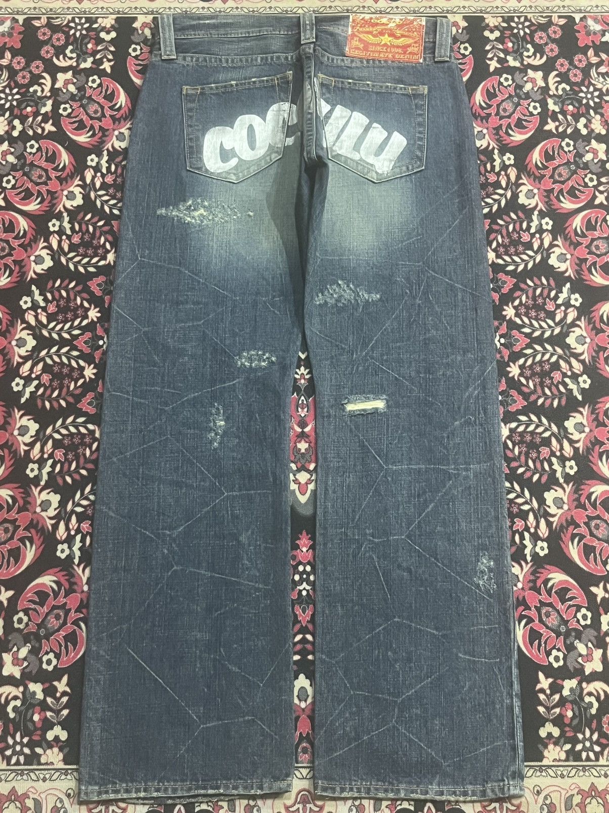GOSTAR DE FUGA Co&Lu Cracked Distressed Big Slogan Dark Blue Loose Jeans Size US 31 - 2 Thumbnail