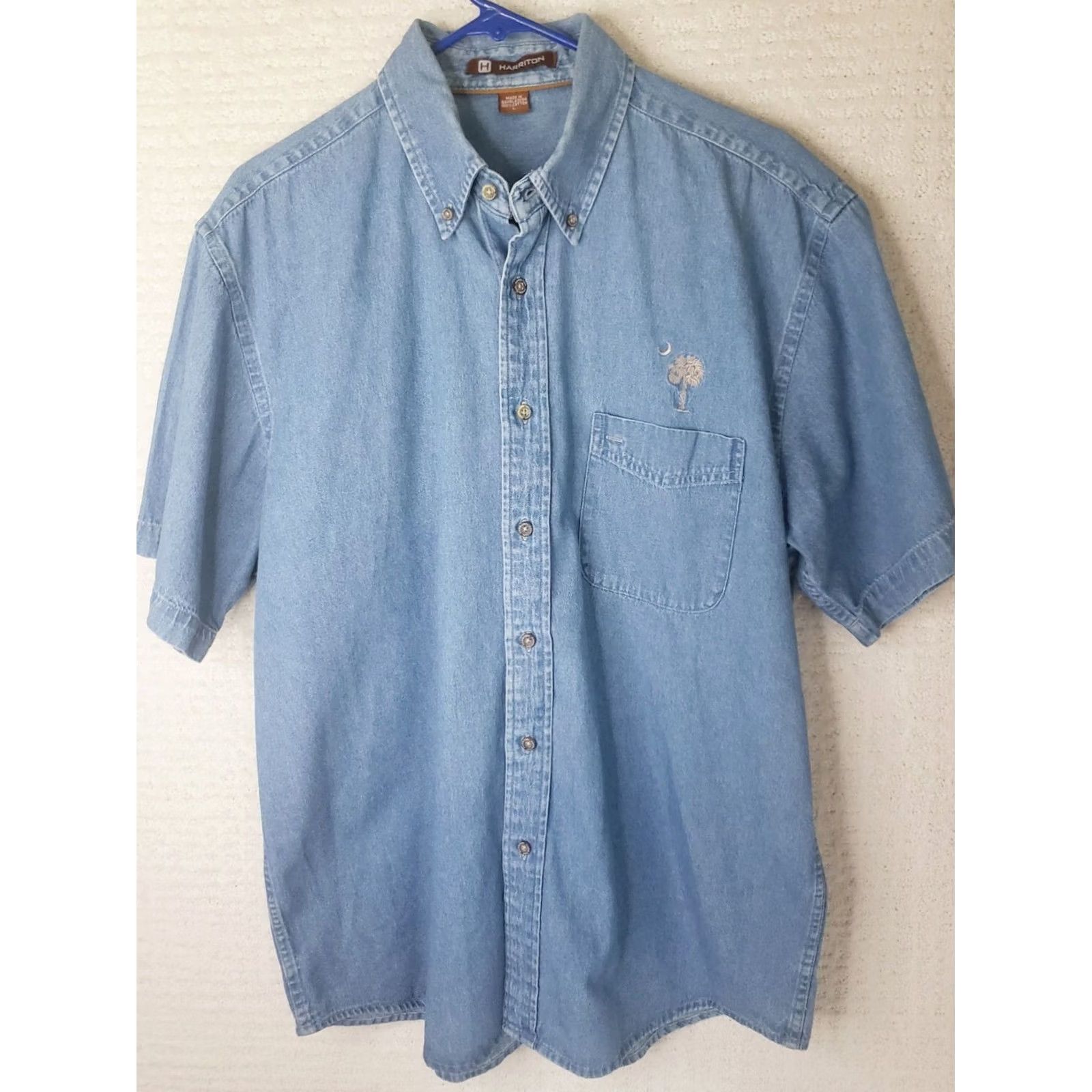 Denime Harrinton Denim Shirt Men's L Short Sleeve Button-Up SC Flag Embroidered Palmetto Crescent Moon Blue Denim Shirt Size US L / EU 52-54 / 3 - 2 Thumbnail