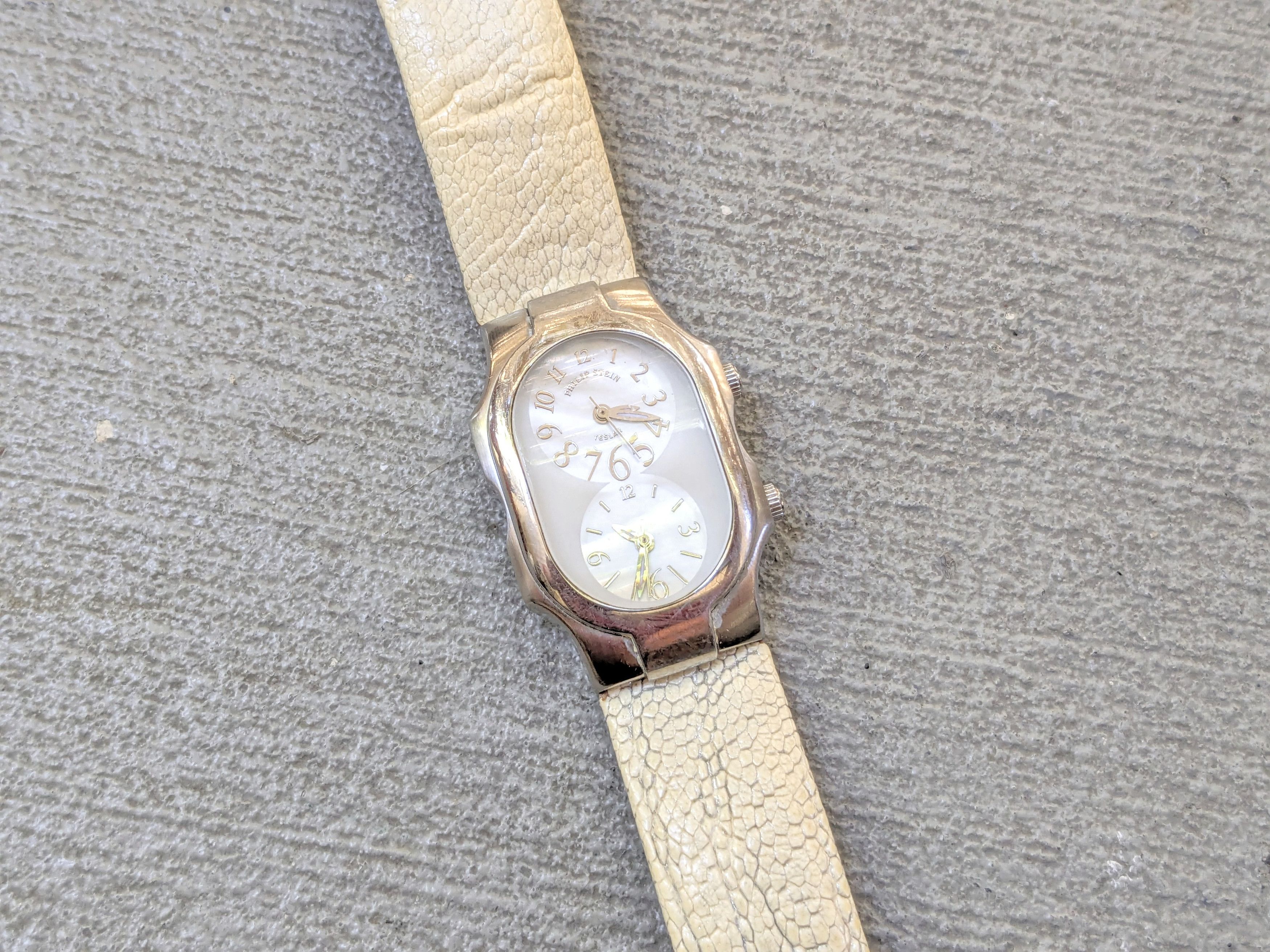 Phillip Stein Watch Dual Time Ostrich Leather Avant Garde in White, Men's