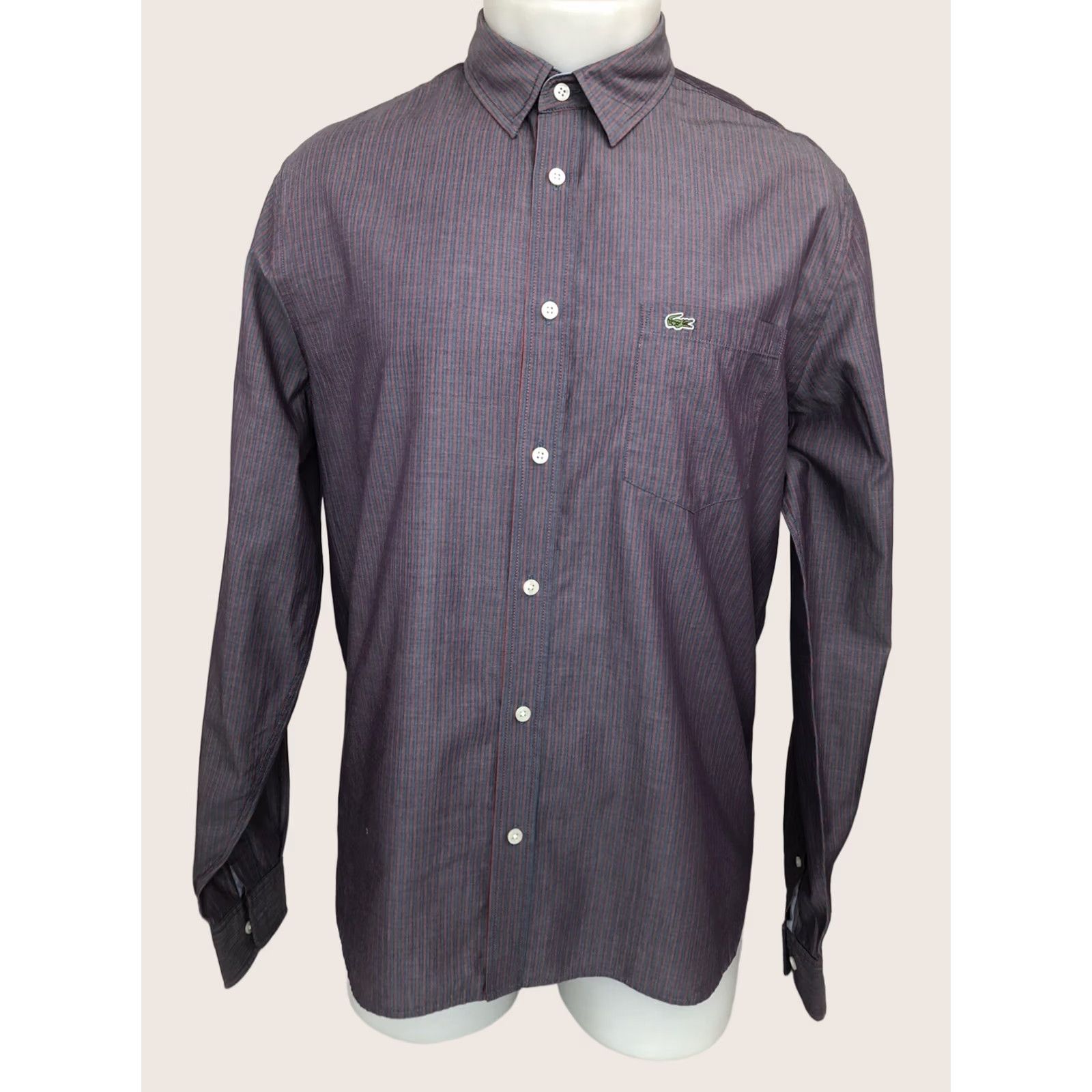 Lacoste LACOSTE Striped Shirt Mens 42 Regular Fit Alligator Button-Up Long Sleeve Gray / Red Shirt Mens 42 Regular Fit Striped Alligator Shirt Size US XL / EU 56 / 4 - 1 Thumbnail