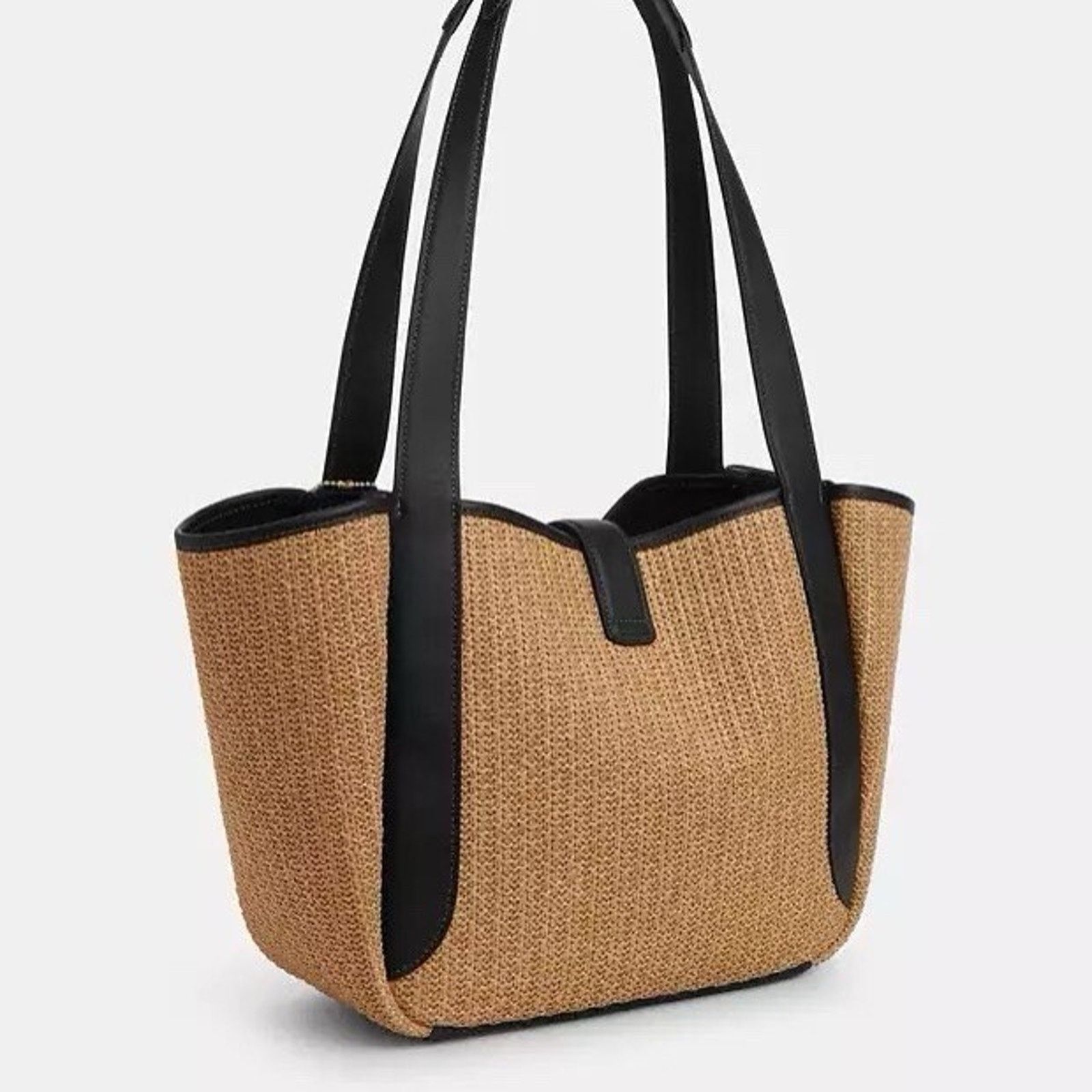 Coach NWT COACH Hadley Tote Bag CAL87 Toast / Black Straw Leather Size ONE SIZE - 7 Thumbnail