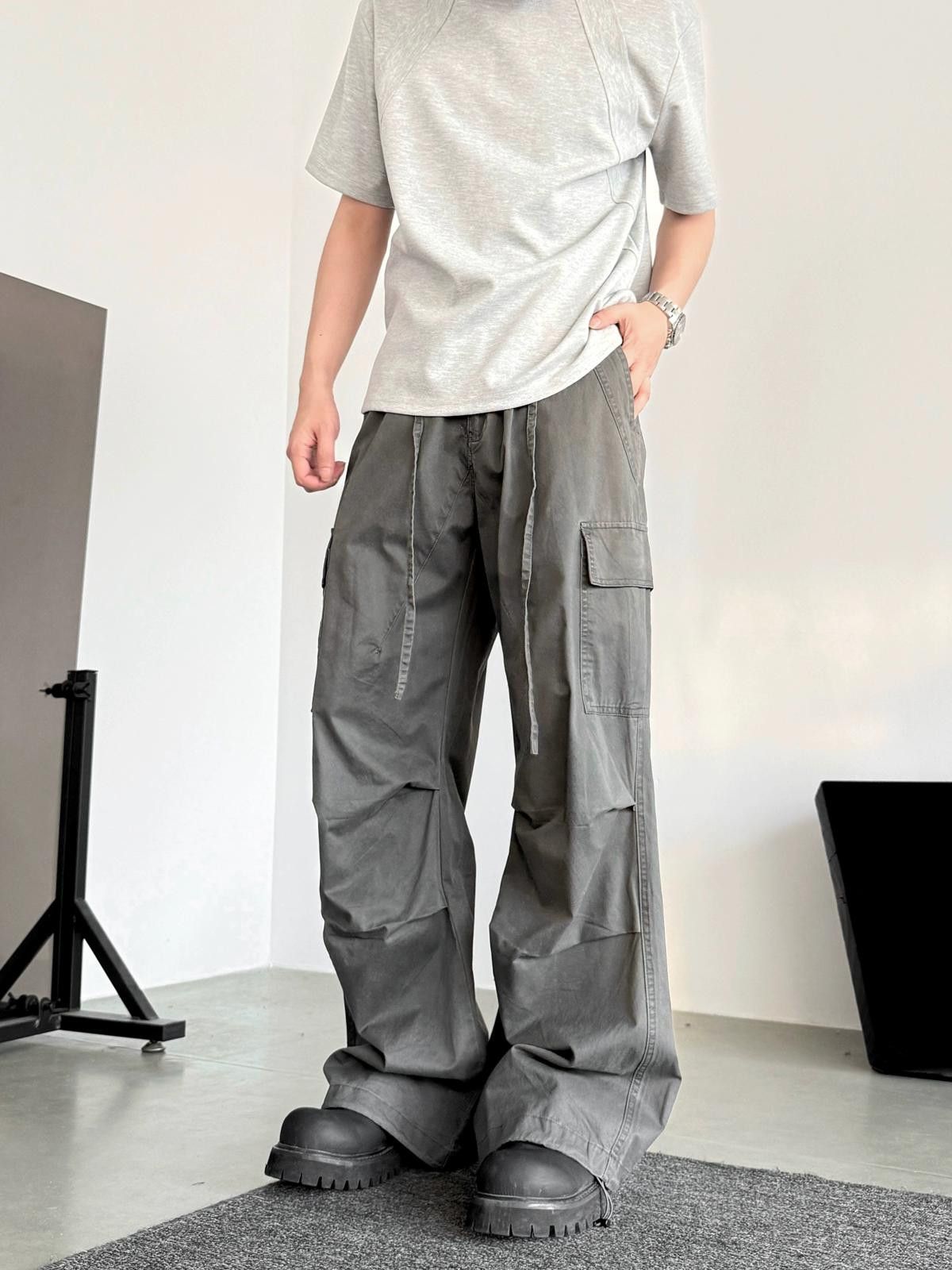 Other Stacked Flared Gray Loose Fit Pants, Wide Leg Utility Pants Size US 32 / EU 48 - 2 Thumbnail