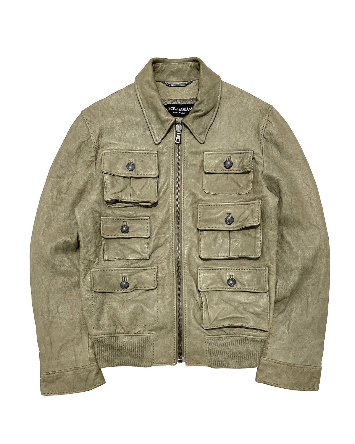 image of Archival Clothing x Dolce Gabbana Multi Pocket Cargo Lambskin Leather Jacket in Khaki (Size Small)
