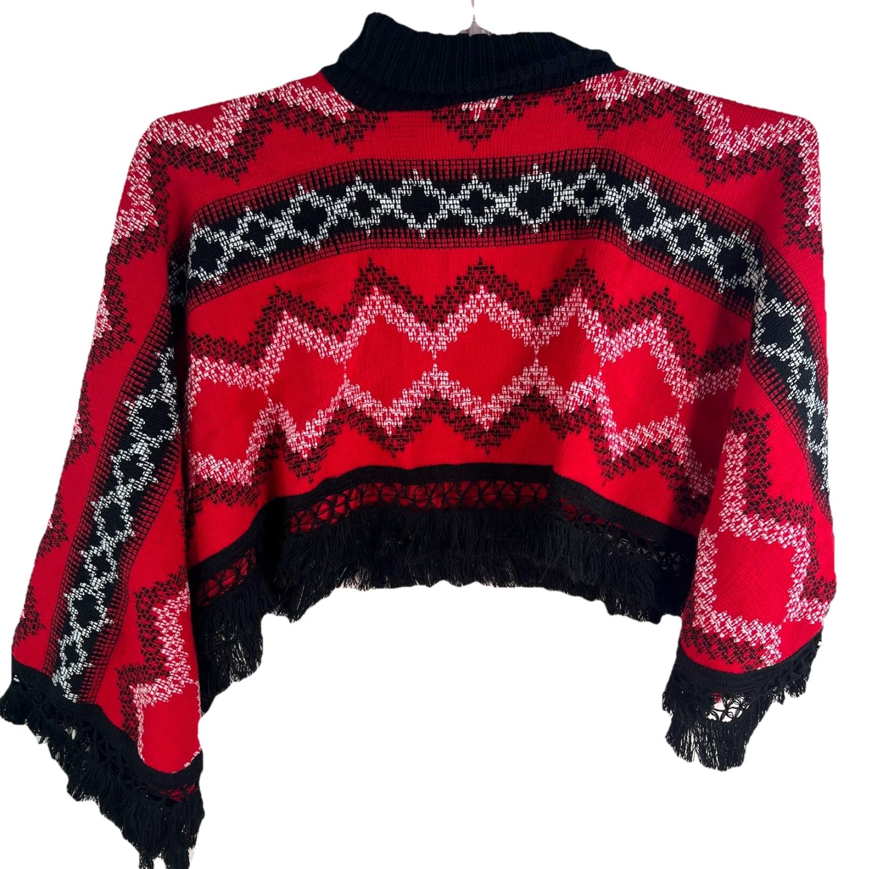 Vintage VINTAGE 60s 70s Knitted Red Black Plaid Poncho Fringe Hippie Boho Psychedelic Shawl/Wrap OS Womens Size ONE SIZE - 6 Thumbnail