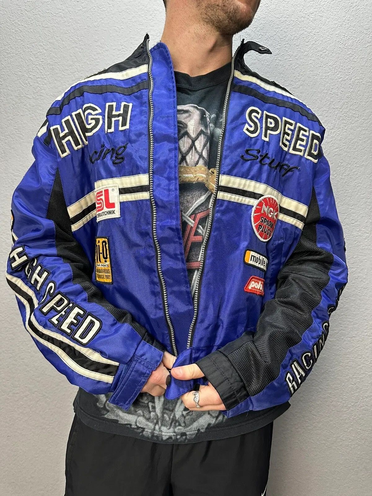image of High Speed Racing Team Moto Jacket Y2K Streetwear in Blue, Men's (Size Medium)