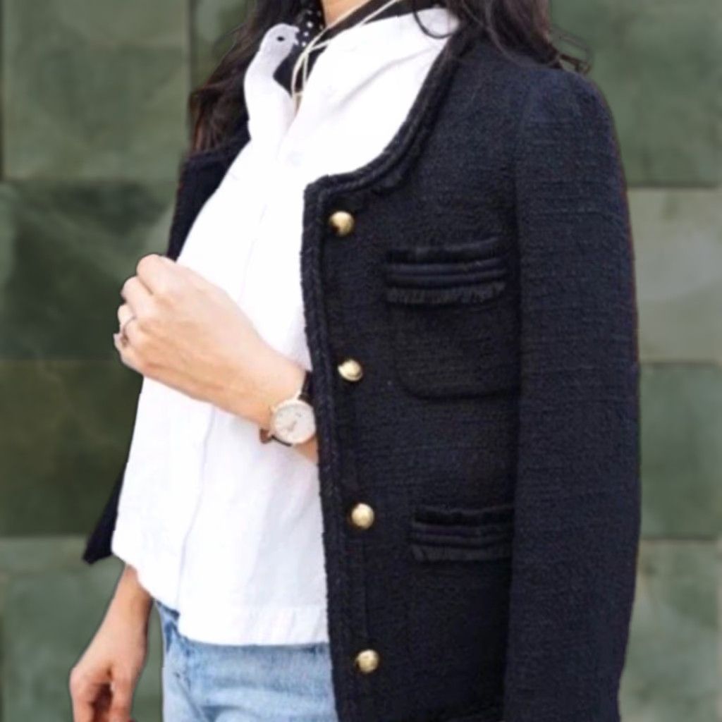 J.Crew J.CREW Jacket Wool Tweed Black Gold Buttons Cropped 00 Women Front Pockets interior Pocket EUC F9995 Size XXS / US 00 / IT 34 - 1 Thumbnail