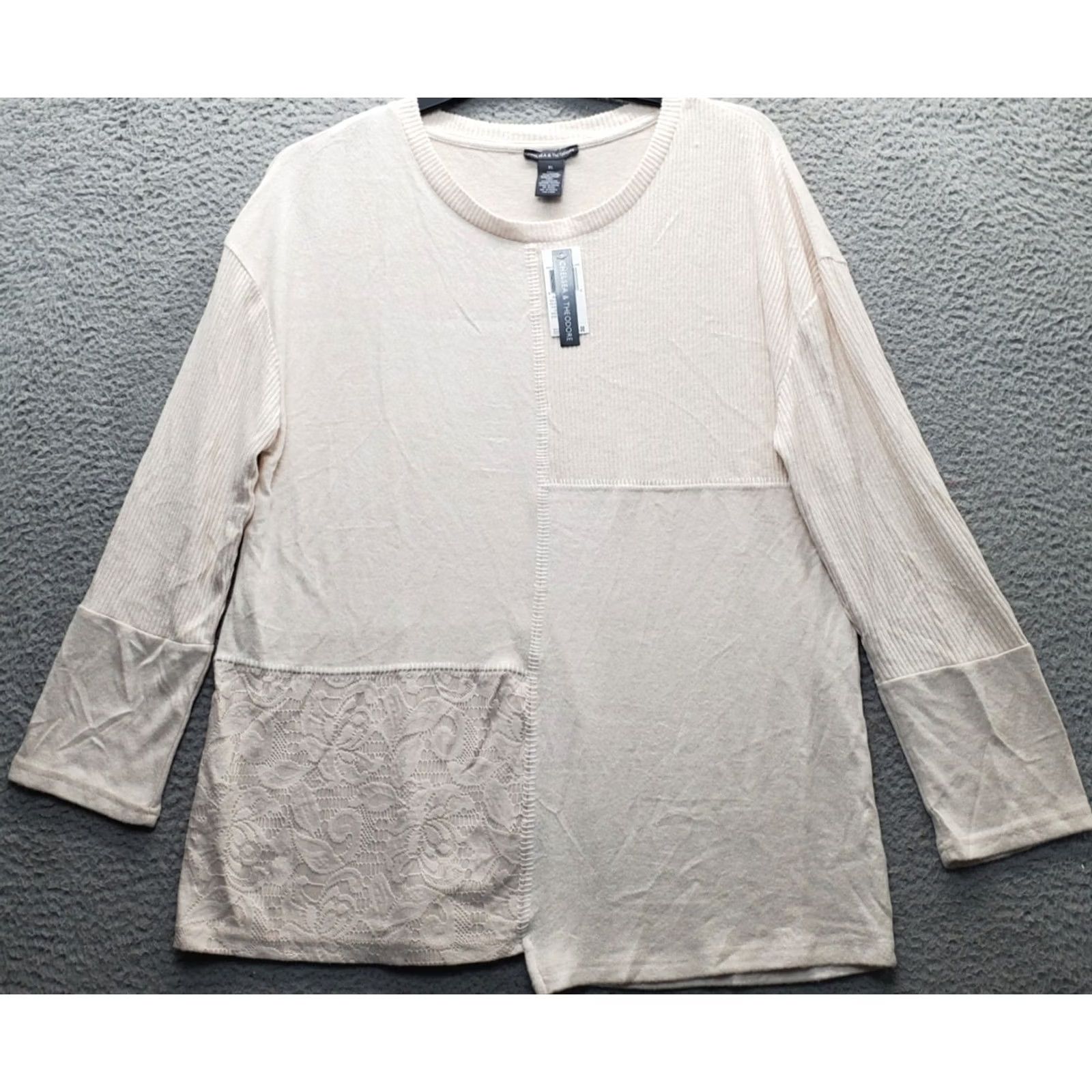 Vintage Chelsea & Theodore Tunic Top Womens XL Tan Fuzzy Blush Lace Patch Hem Pullover Size XL / US 12-14 / IT 48-50 - 2 Thumbnail