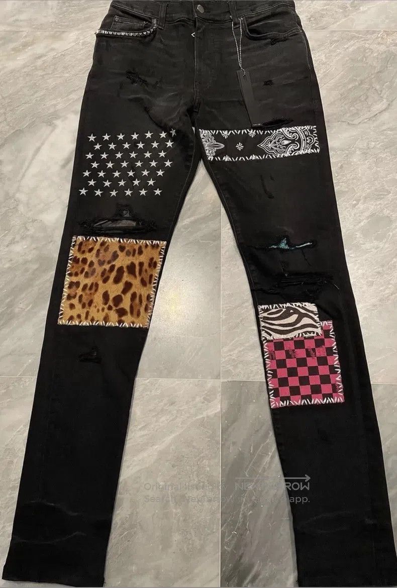 Amiri Amiri Classic豹纹 Checkered Patchwork Black Jeans, Size 30 Size US 30 / EU 46 - 1 Thumbnail