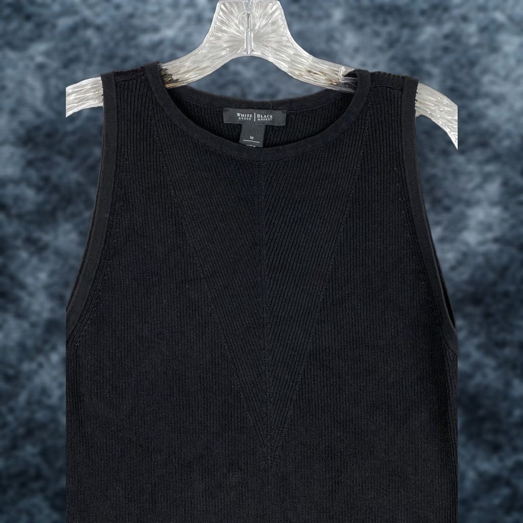 White House Black Market White House Black Market Tank Womens M Black Ribbed Knit Top Sleeveless Round Neck Stretch Pullover Casual Tunic Cardigan? Size M / US 6-8 / IT 42-44 - 1 Thumbnail