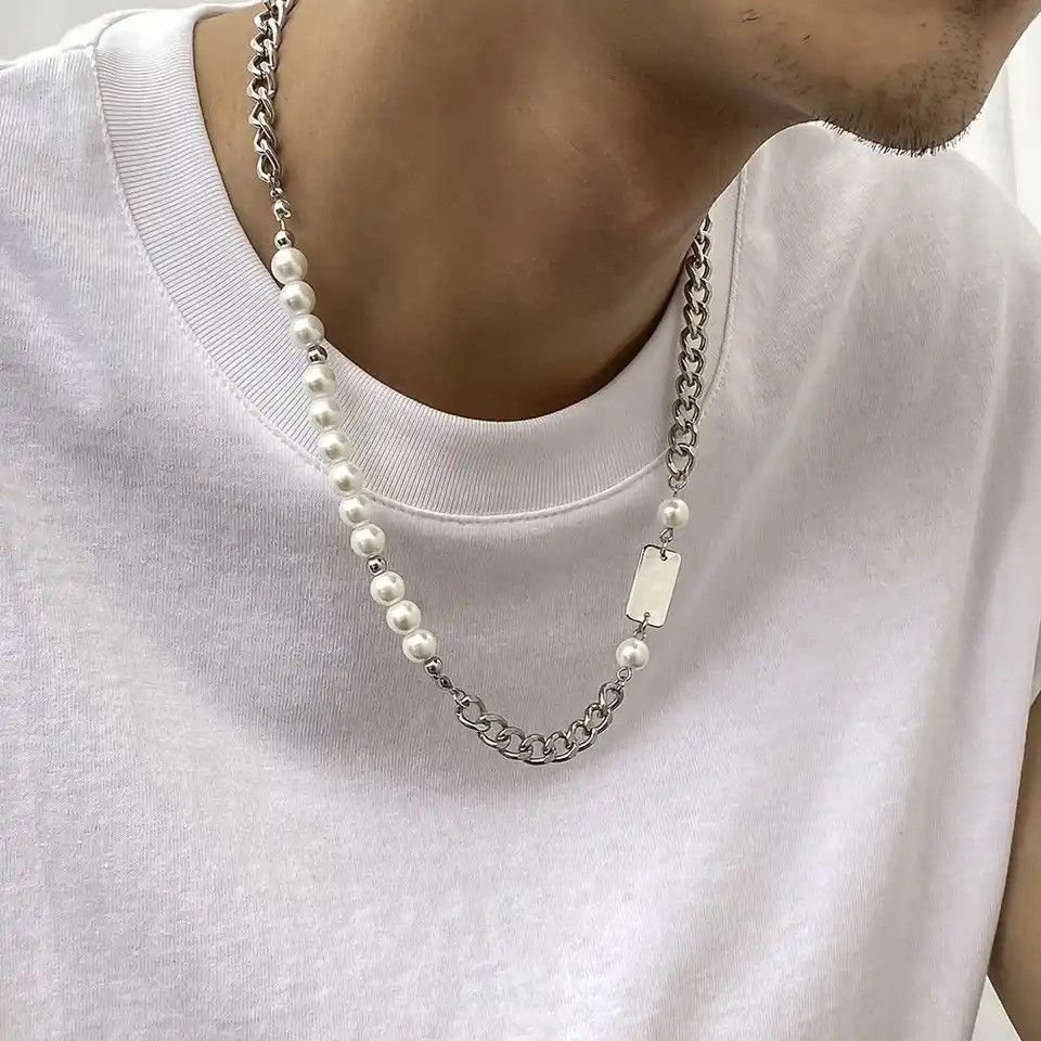 Jewelry Hip-hop Metal Chain Stitching Pearl Necklace Size ONE SIZE - 1 Thumbnail
