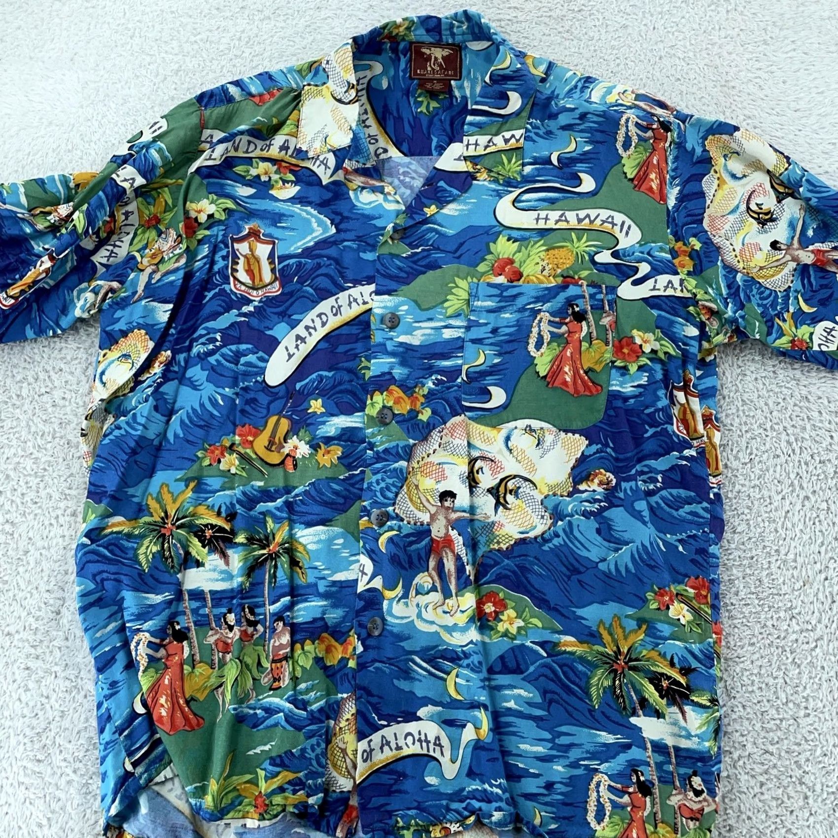 Vintage Khaki Safari Rayon Camp Hawaiian Shirt Mens M Blue Aloha Hula Collared Button Up Shirt Size US M / EU 48-50 / 2 - 2 Thumbnail