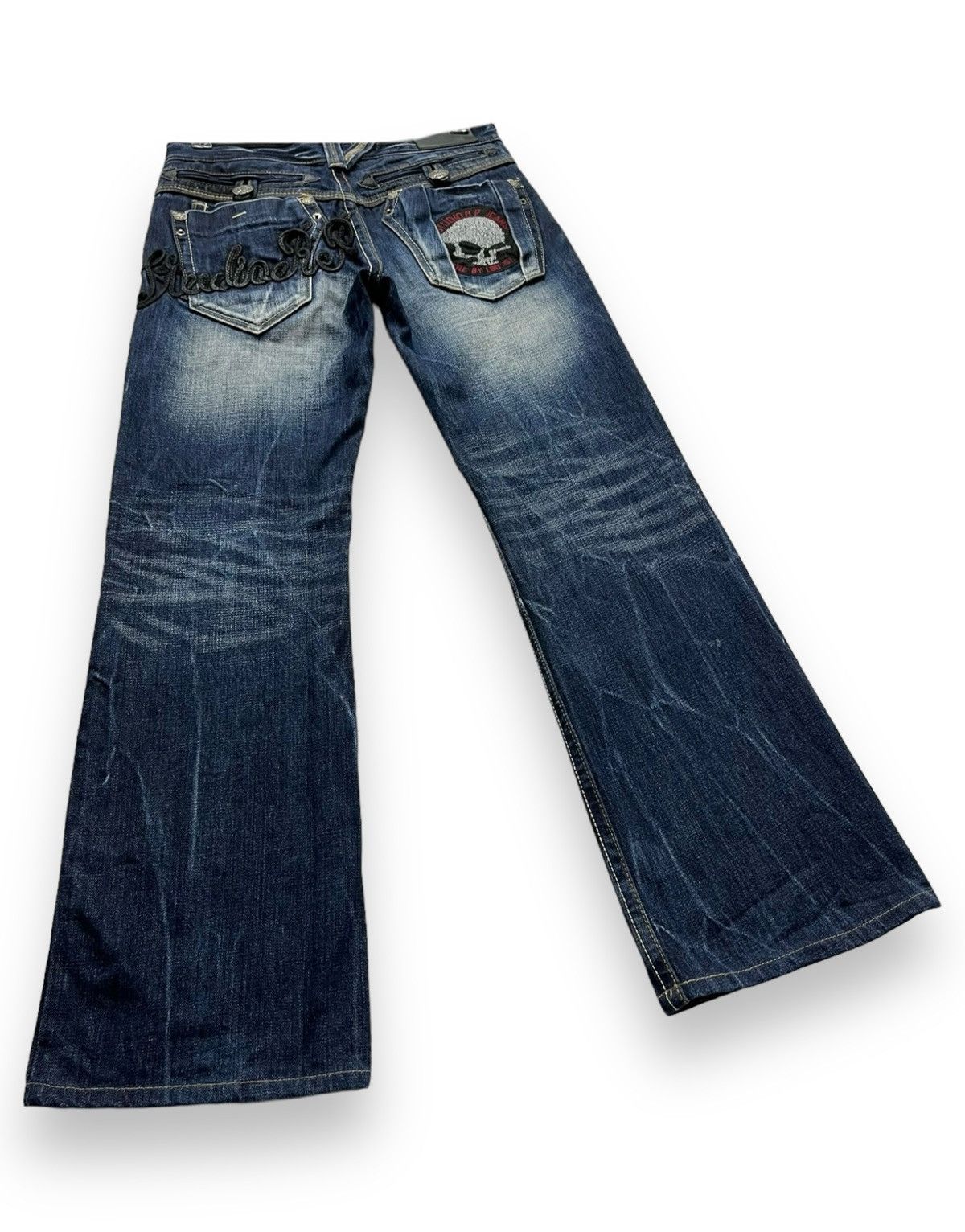 STUDIOUS FYE🔥STUDIO RP Punk Skull Patches Whiskered Blue Flare Denim Size US 28 / EU 44 - 9 Thumbnail