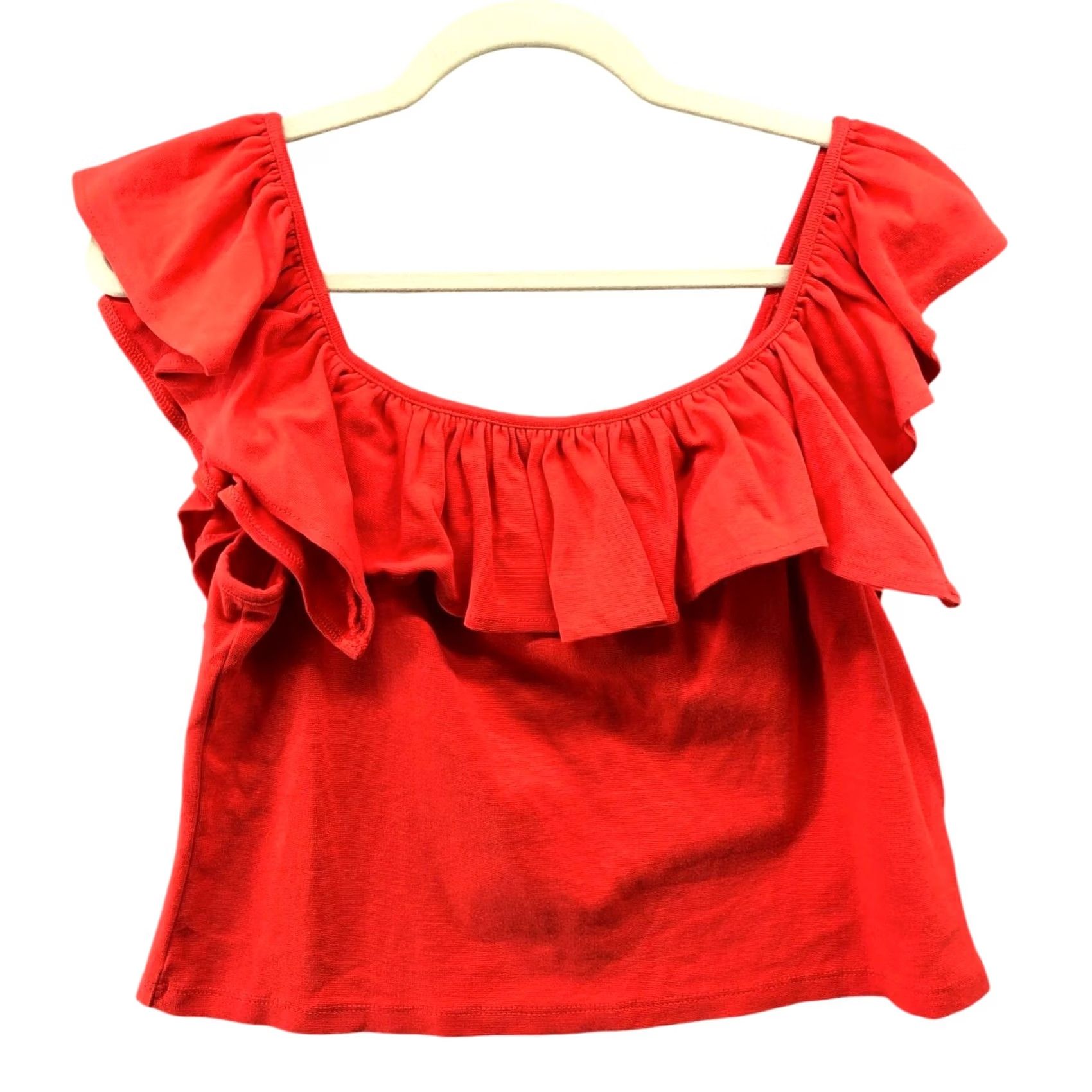 United Colors Of Benetton United Colors Of Benneton Off Shoulder Ruffle Top Womens L Red Cropped Cotton Blouse Sleeveless Knit Spring Summer Casual Size L / US 10 / IT 46 - 2 Thumbnail