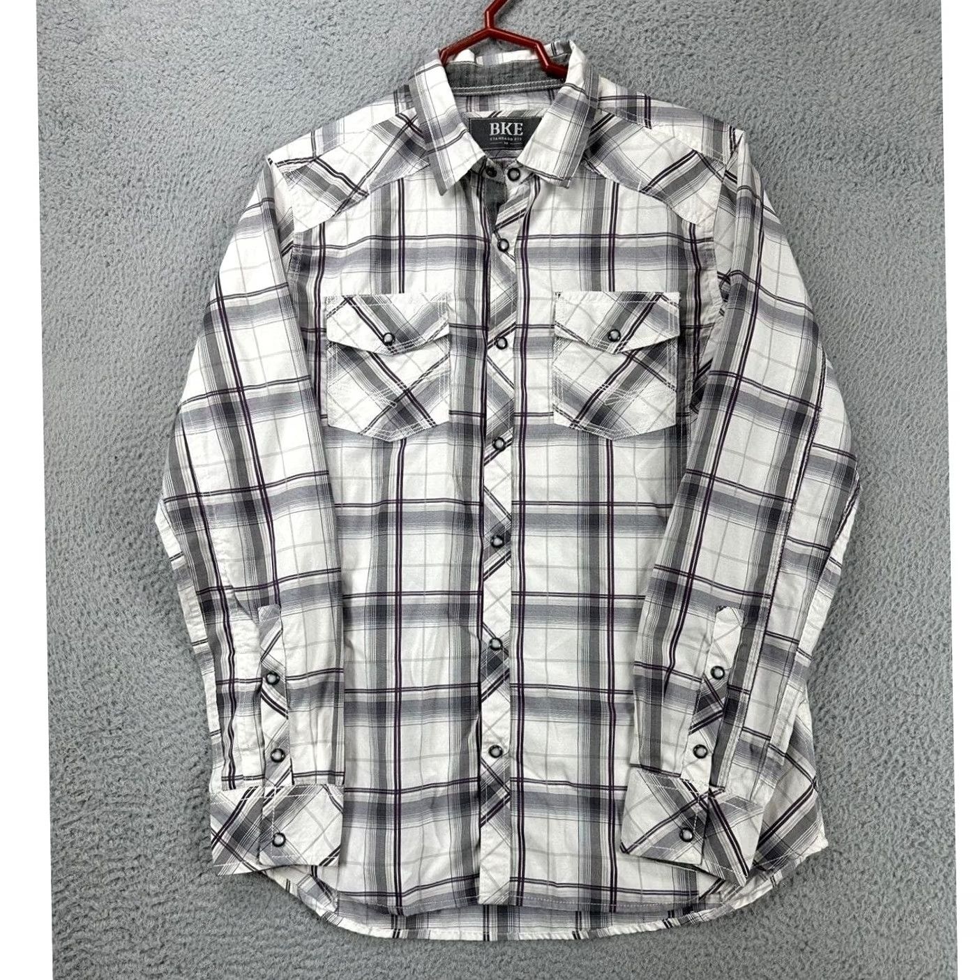 BKE BKE Shirt Mens Medium White Grey Plaid Cowboy Pearl Snap Standard Fit Size US M / EU 48-50 / 2 - 4 Thumbnail