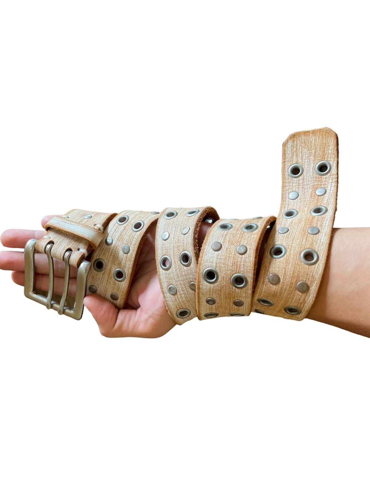 If Six Was Nine × Le Grande Bleu (L.G.B.) Vintage Studded Rivet Leather Wood Style Belt Size ONE SIZE - 3 Thumbnail