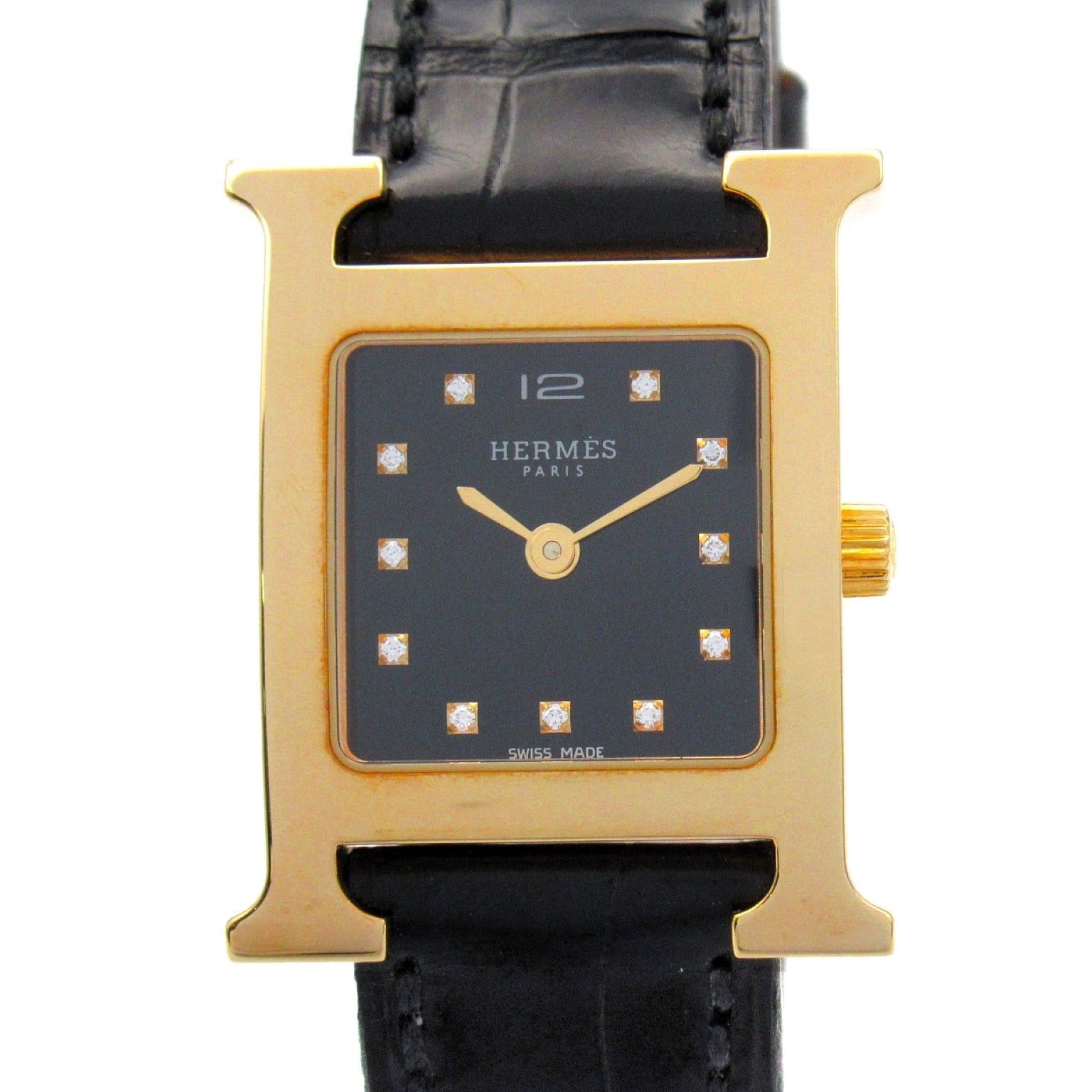 Hermes Hermes H Watch 11P Diamond Women Quartz Gp (Gold Plated) Leather Black Size ONE SIZE - 1 Thumbnail